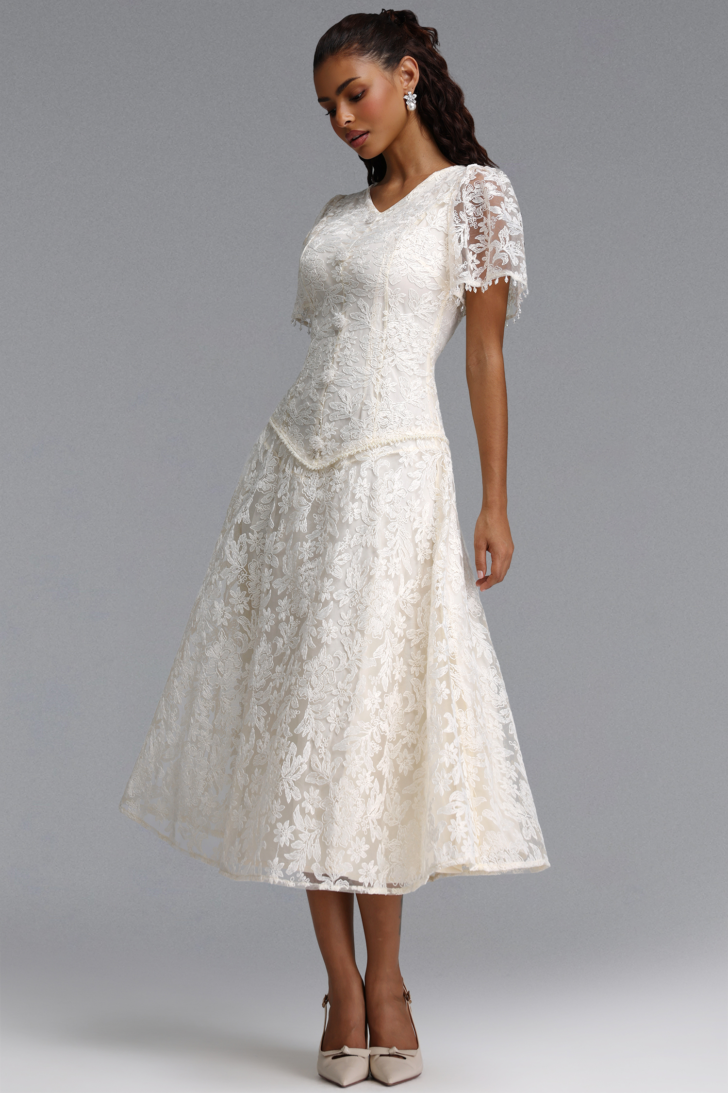 Eigra Elegant Tailored Short Sleeve V Neck Floral Lace Maxi Dress