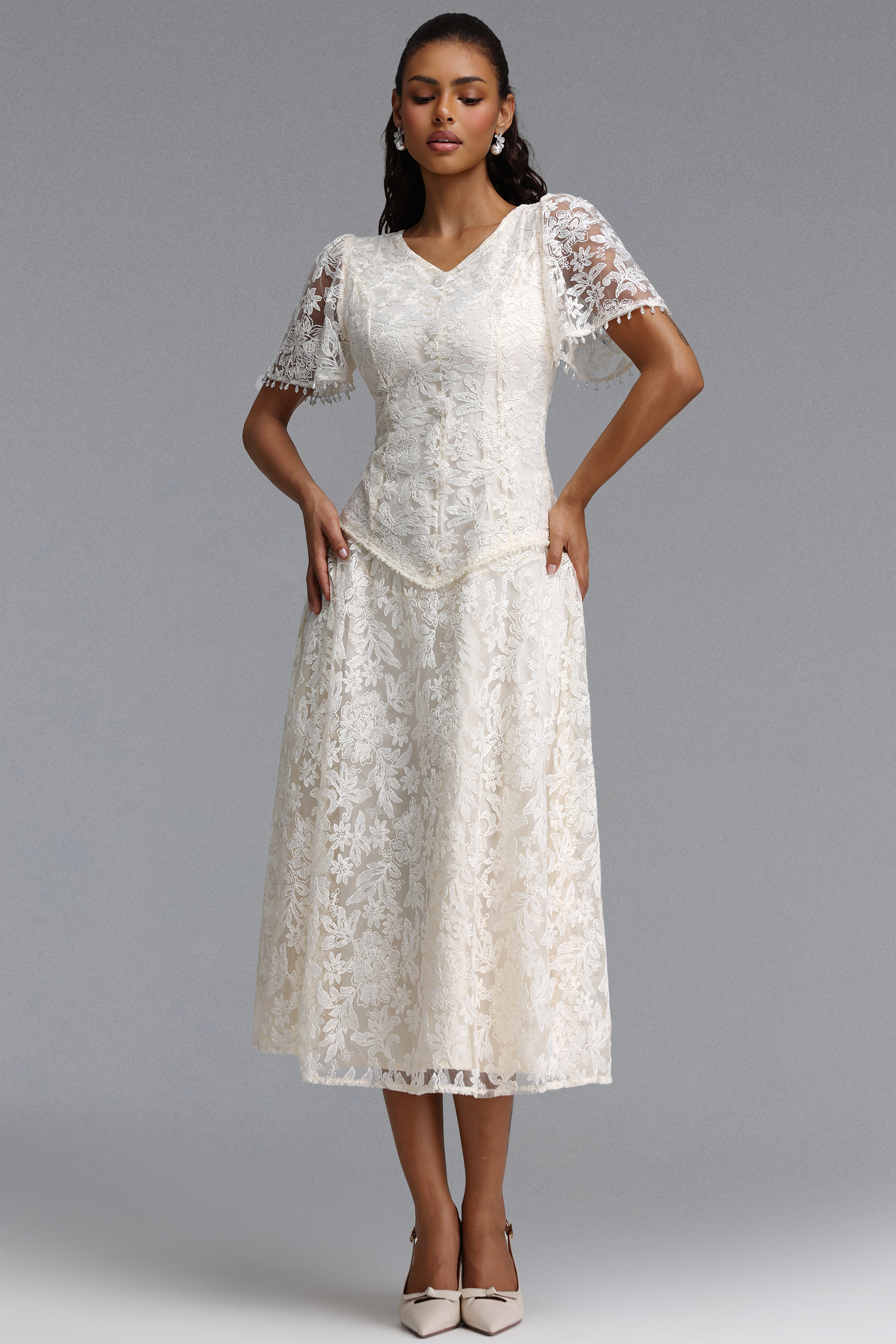 Eigra Elegant Tailored Short Sleeve V Neck Floral Lace Maxi Dress