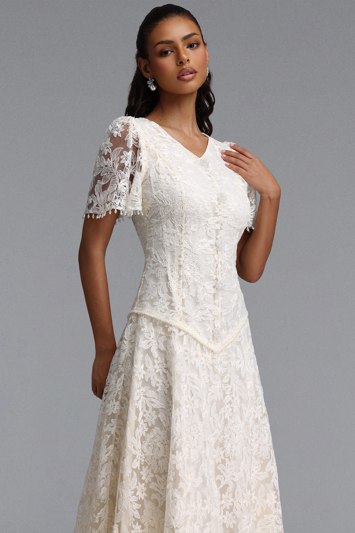 Eigra Elegant Tailored Short Sleeve V Neck Floral Lace Maxi Dress