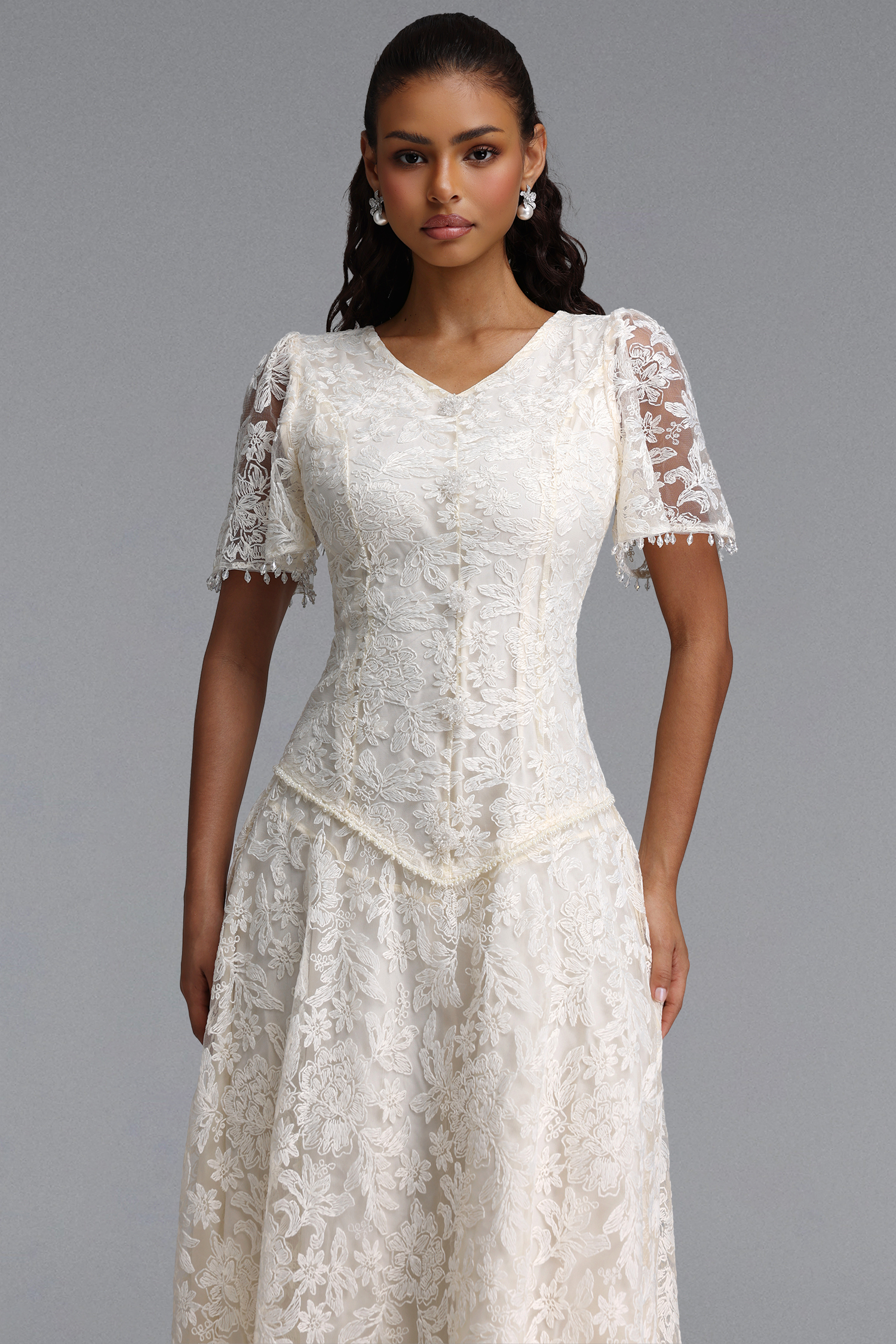 Eigra Elegant Tailored Short Sleeve V Neck Floral Lace Maxi Dress