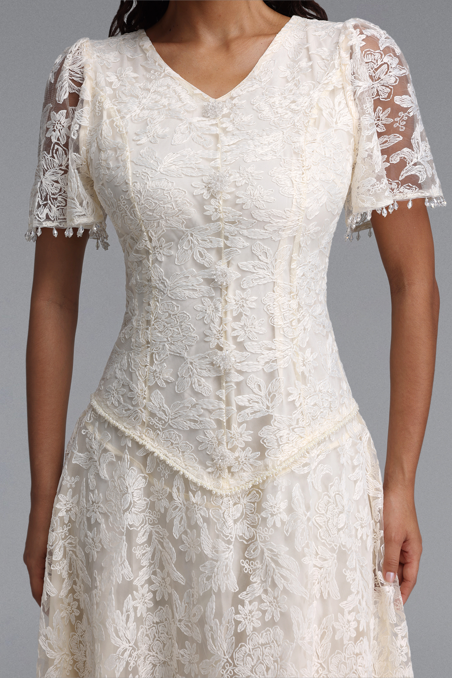 Eigra Elegant Tailored Short Sleeve V Neck Floral Lace Maxi Dress