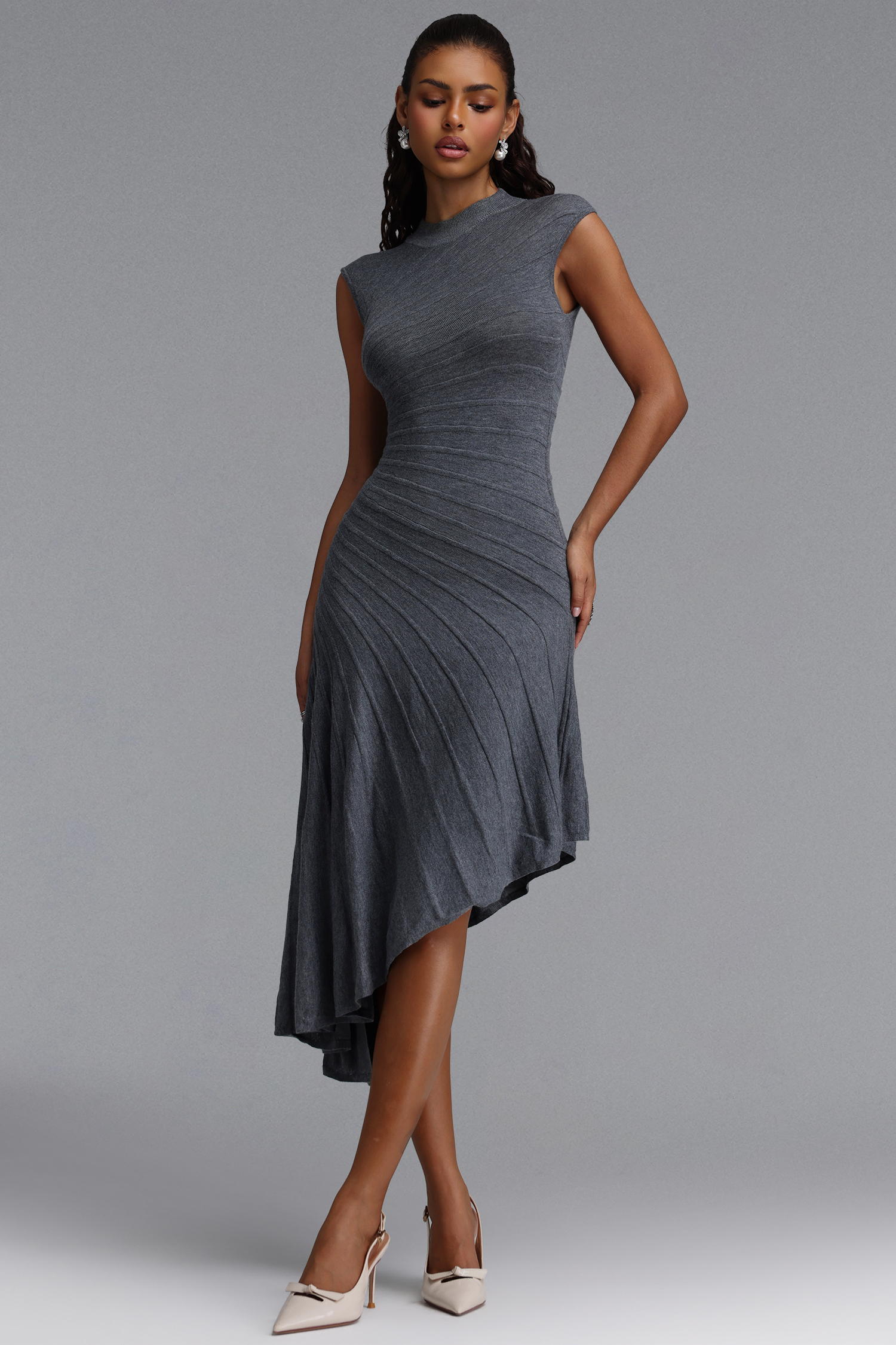 Tadeo Chic Contour Sleeveless Diagonal Stripes Asymmetric Hem Knit Midi Dress