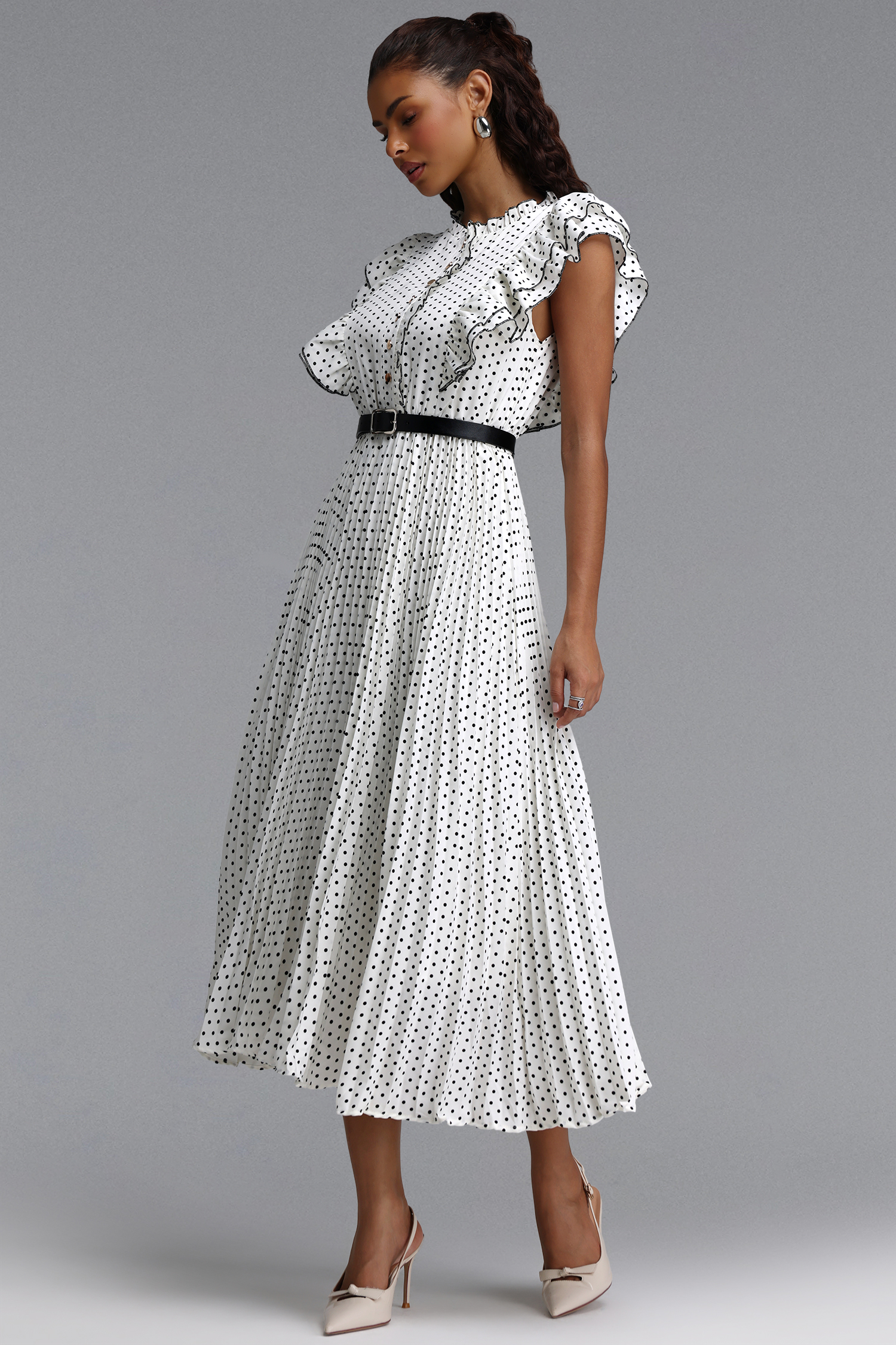 Keely Classic Tailored Ruffle Pleated Polka Dot Woven Maxi Dress