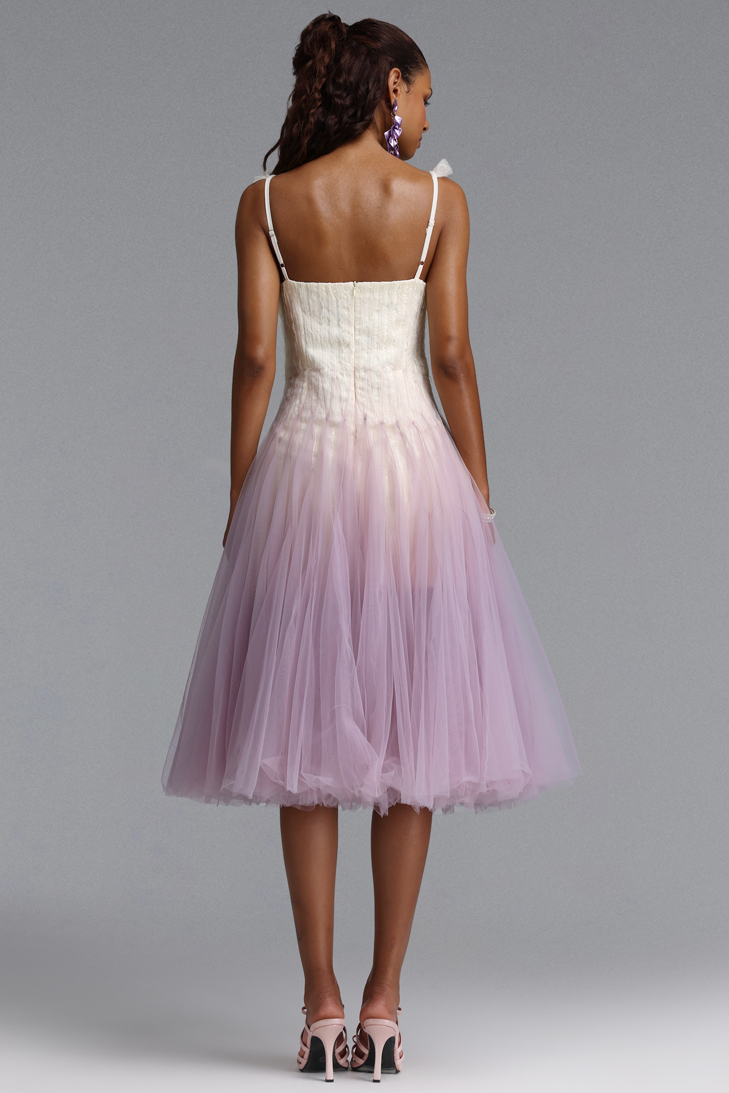 Gevjon Romantic Flowy Sleeveless Ruffle Tulle Midi Dress