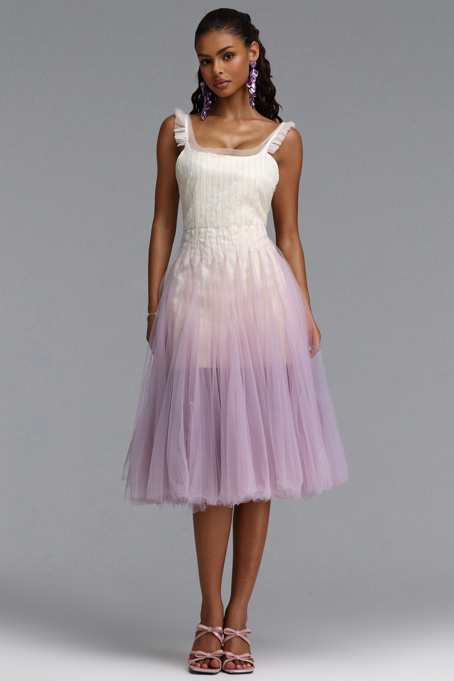 Gevjon Romantic Flowy Sleeveless Ruffle Tulle Midi Dress