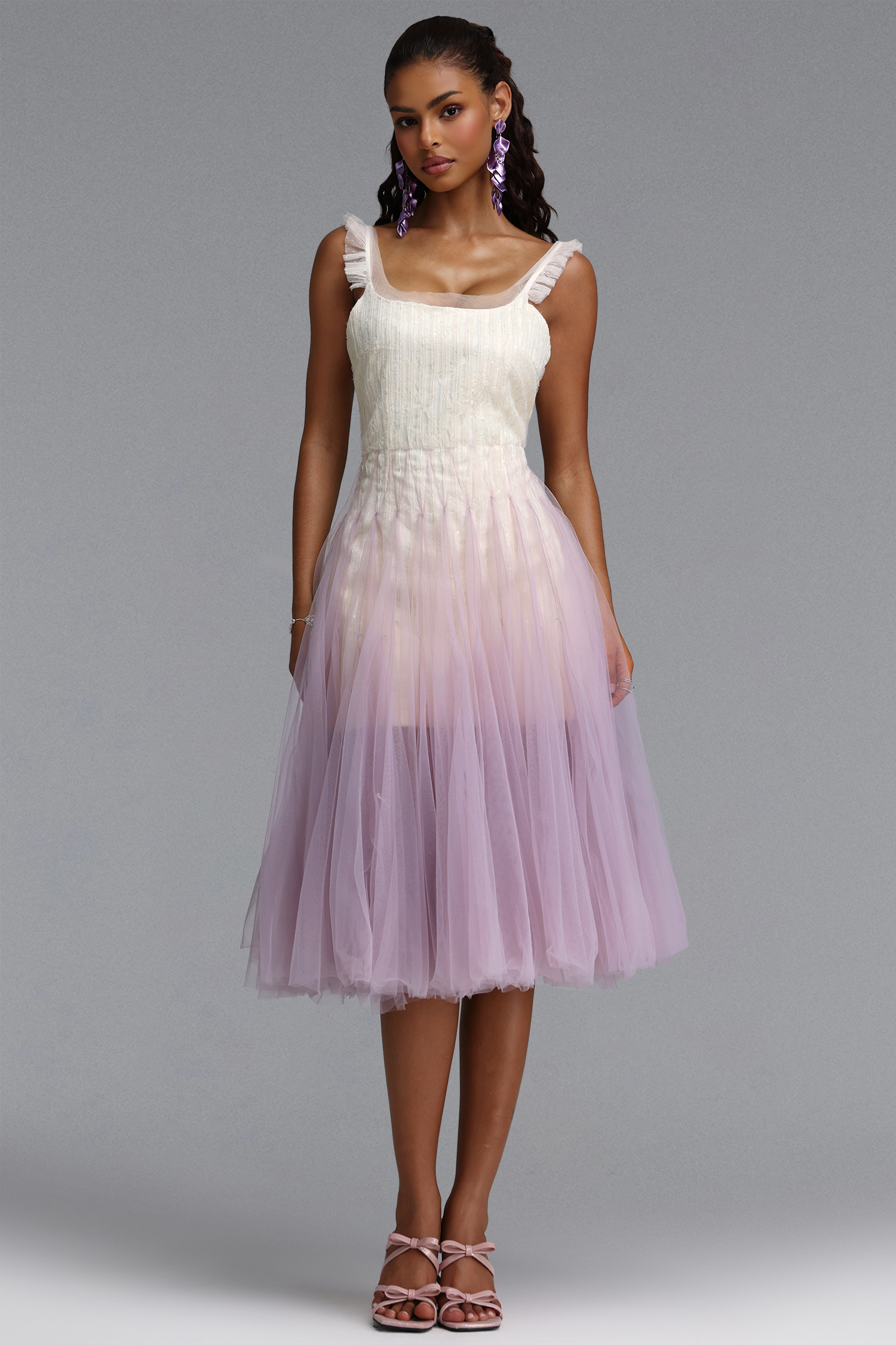 Gevjon Romantic Flowy Sleeveless Ruffle Tulle Midi Dress