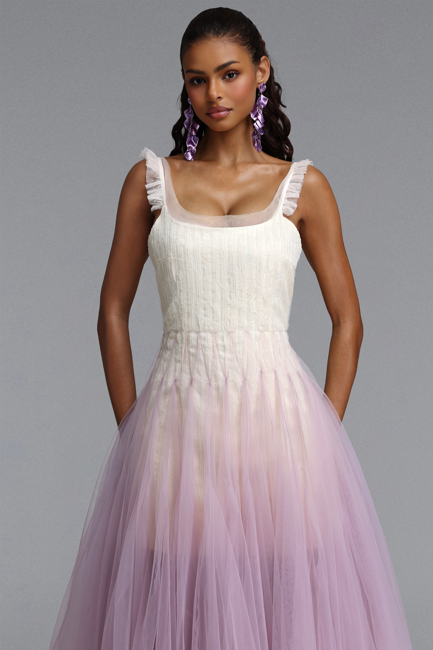 Gevjon Romantic Flowy Sleeveless Ruffle Tulle Midi Dress
