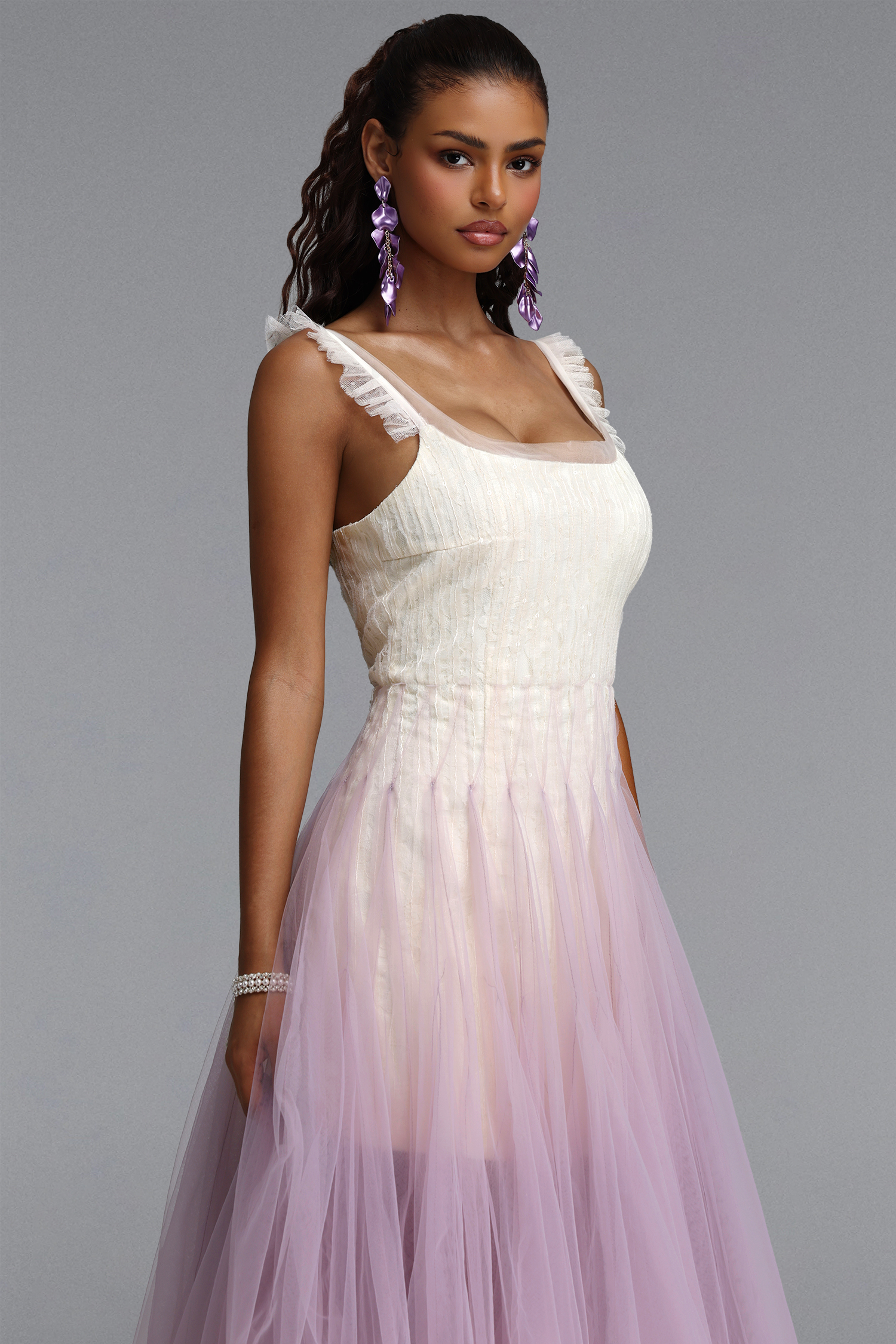 Gevjon Romantic Flowy Sleeveless Ruffle Tulle Midi Dress