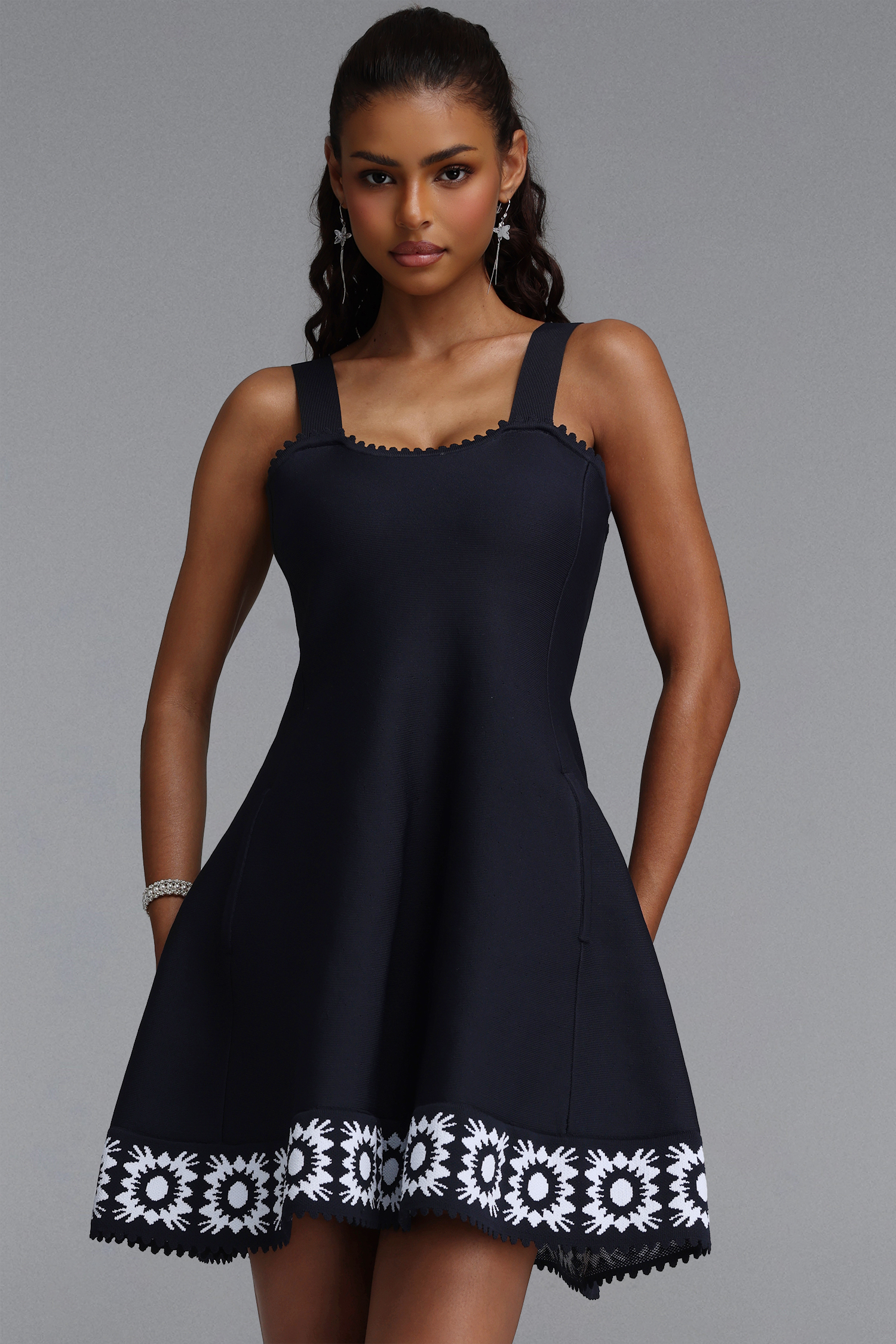 Marcella Chic Cinched Sleeveless Contrast Floral Embroidery Bandage Mini Dress