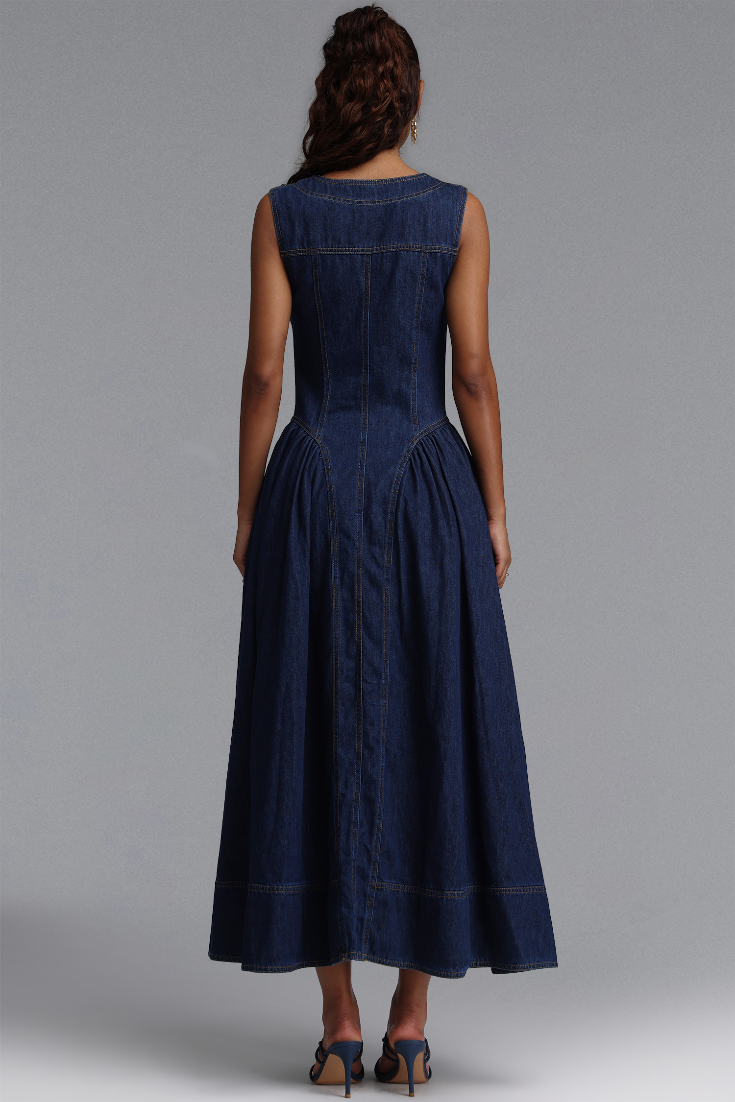Sanna Chic Tailored Sleeveless Flared Gathered Denim Maxi Dress