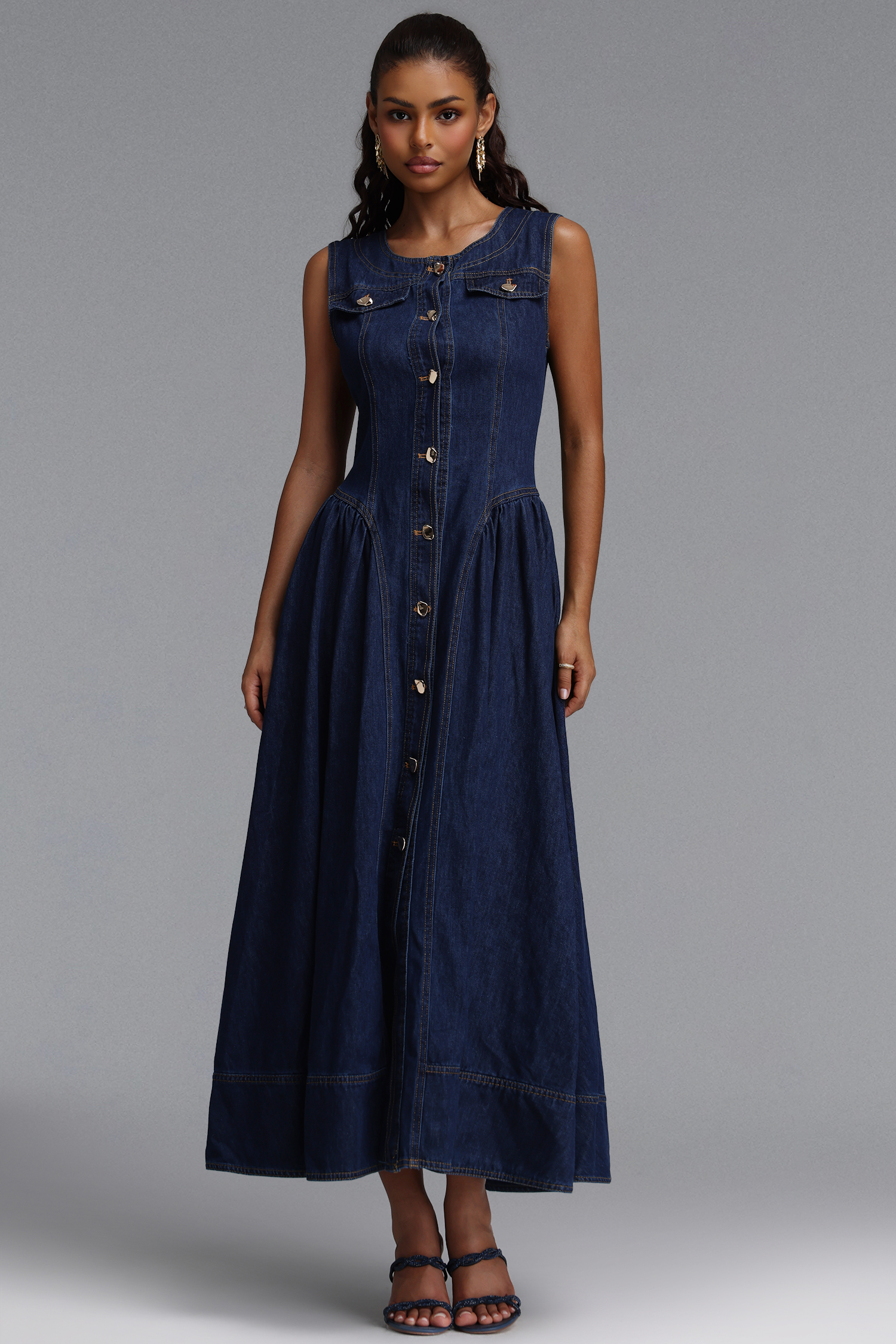 Sanna Chic Tailored Sleeveless Flared Gathered Denim Maxi Dress