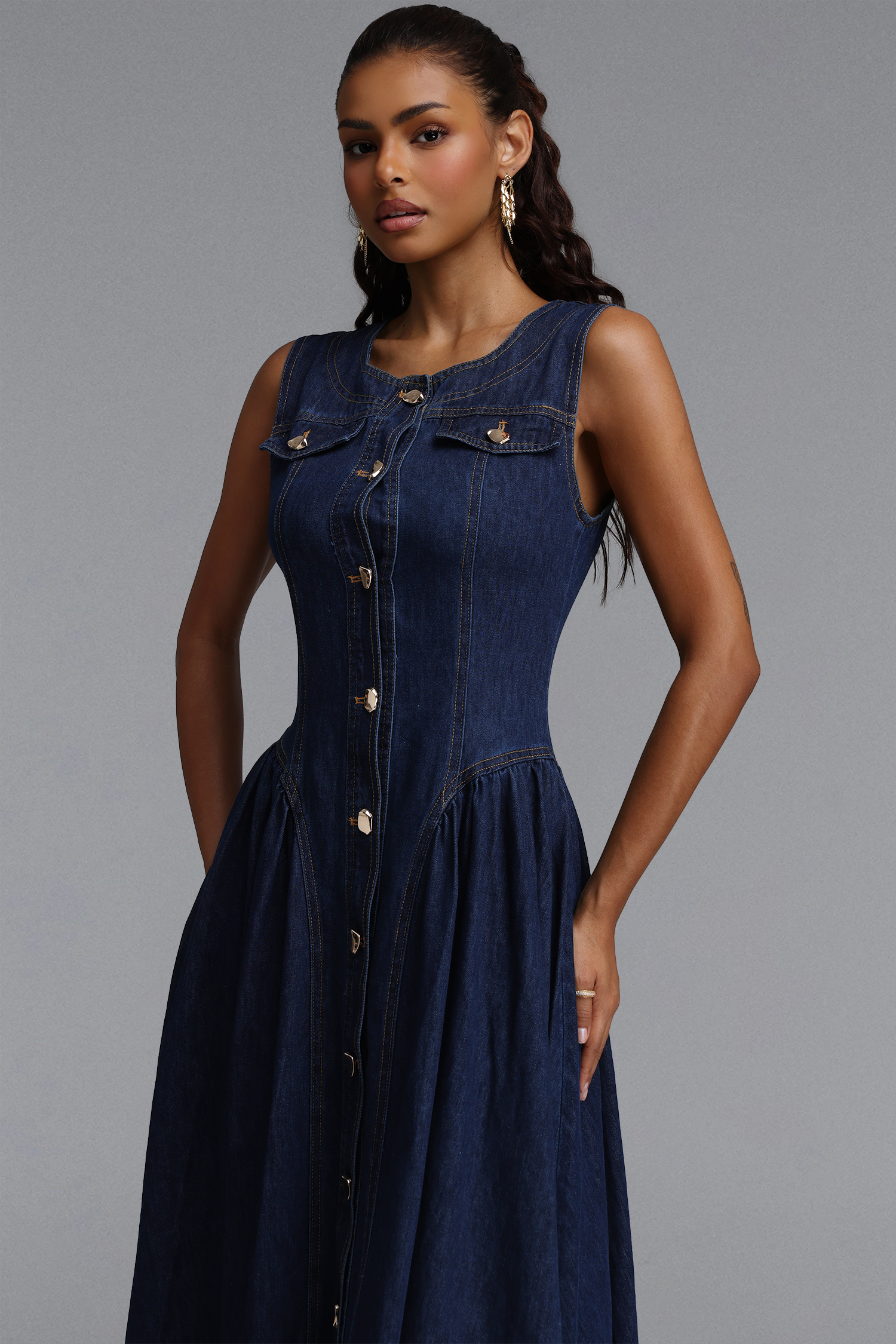 Sanna Chic Tailored Sleeveless Flared Gathered Denim Maxi Dress