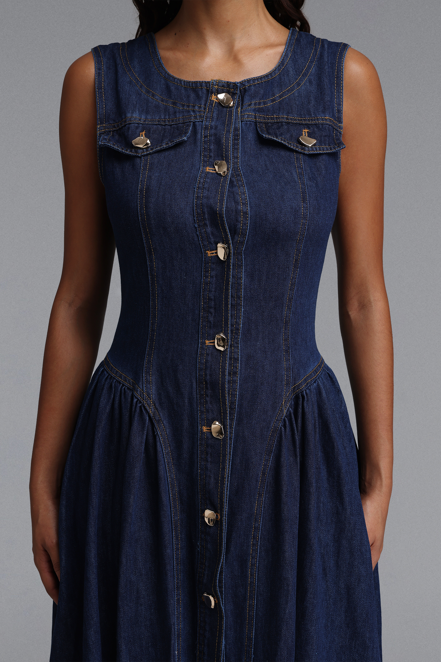 Sanna Chic Tailored Sleeveless Flared Gathered Denim Maxi Dress