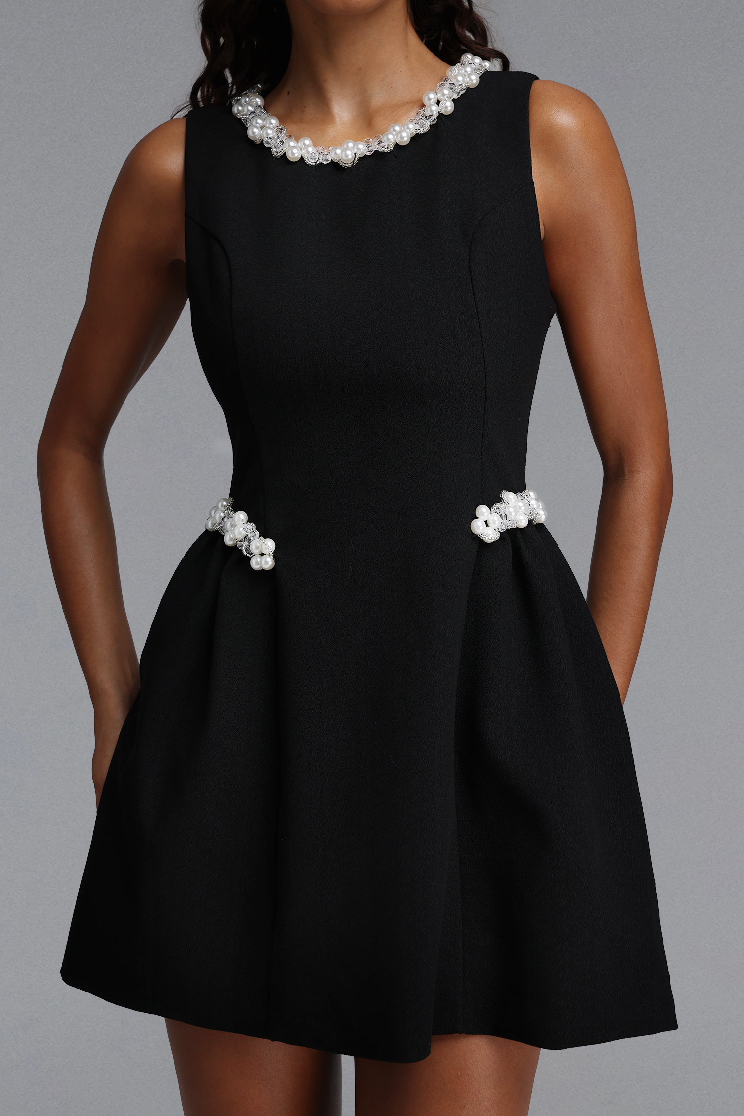 Luva Elegant Tailored Round Neck Sleeveless Pearl Woven Mini Dress