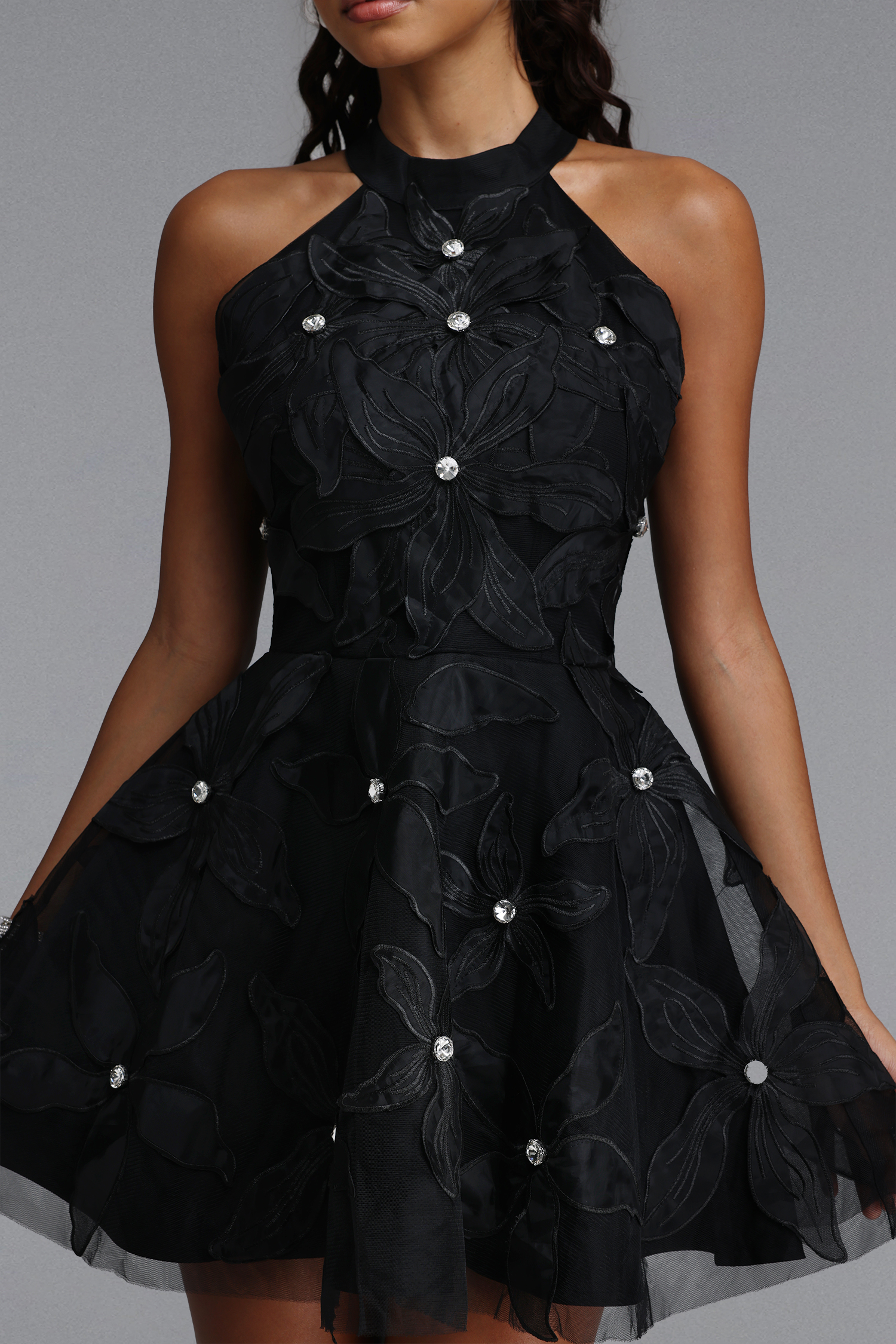 Sue Romantic Cinched Sleeveless Rhinestone Tulle Mini Dress