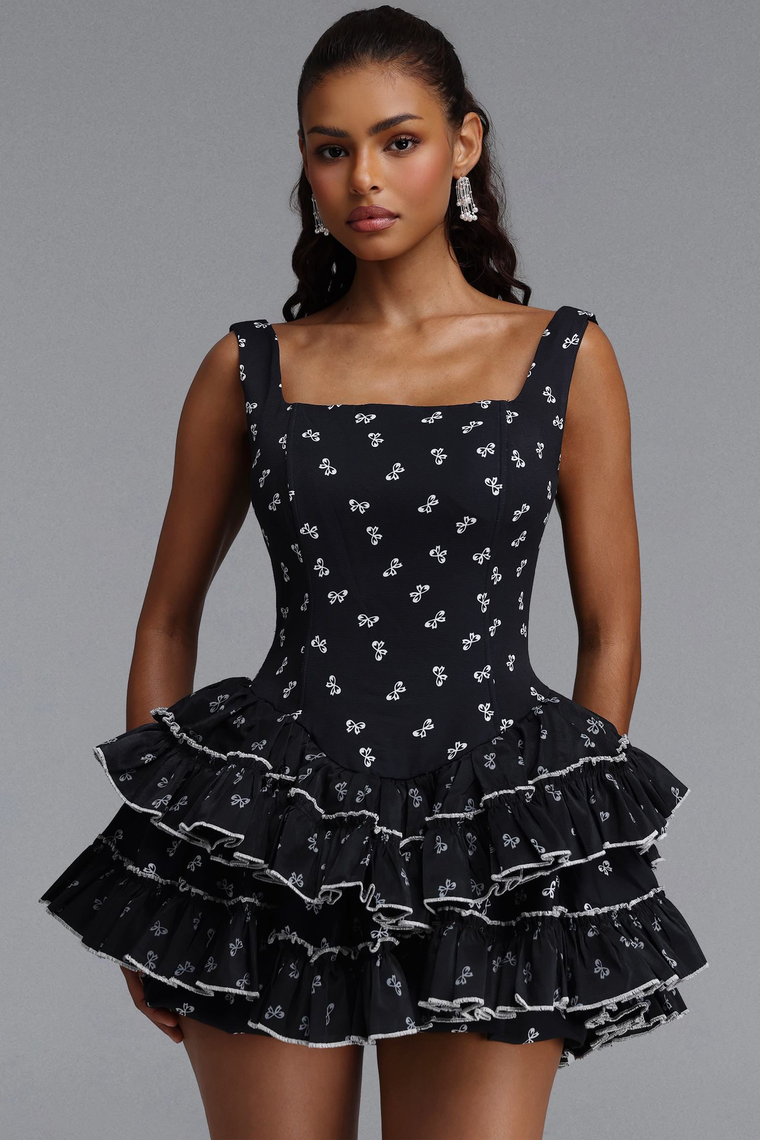 Peyton Chic Cinched Sleeveless Tiered Ruffle Polka Dot Woven Mini Dress