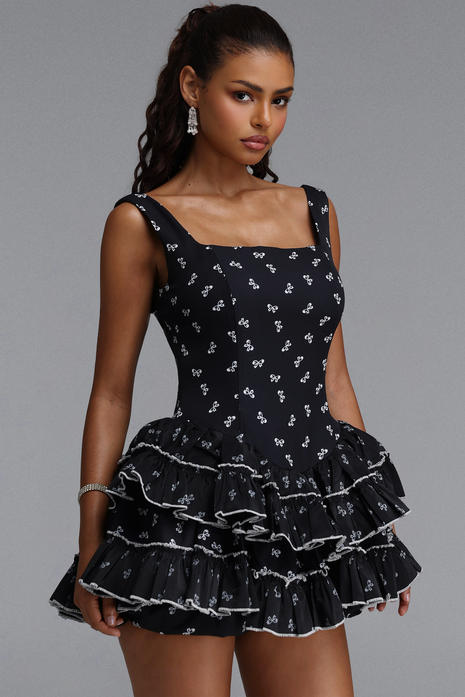 Peyton Chic Cinched Sleeveless Tiered Ruffle Polka Dot Woven Mini Dress