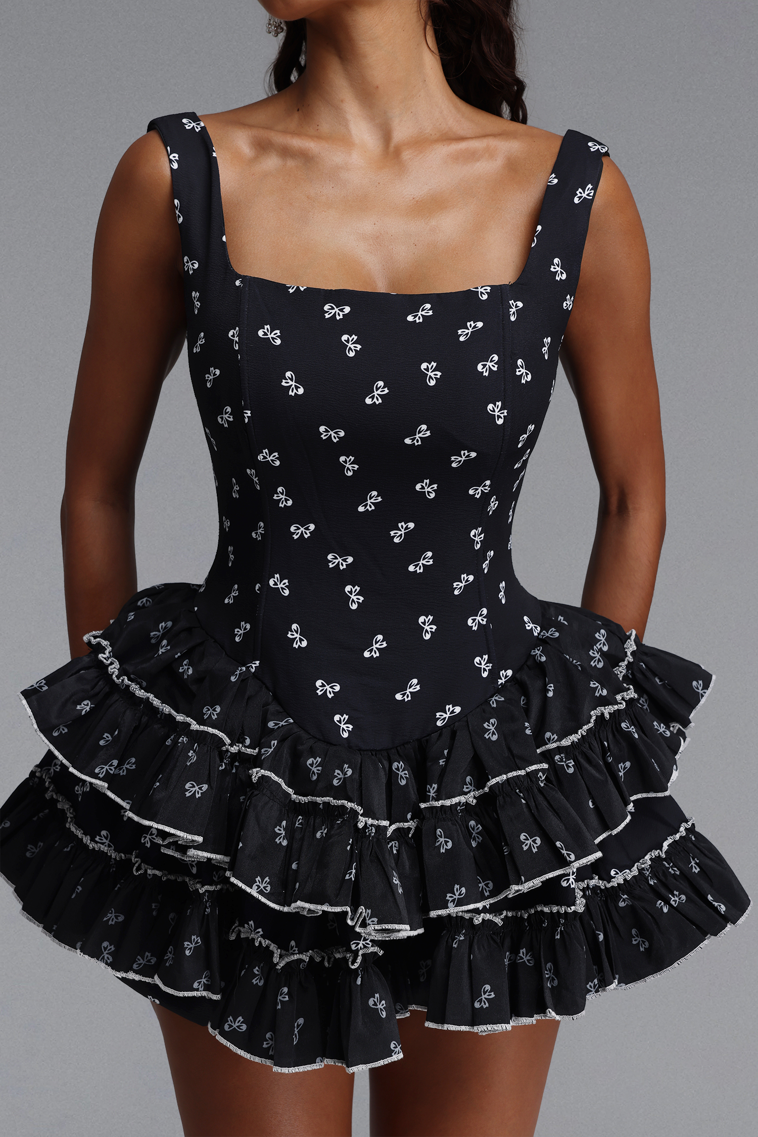 Peyton Chic Cinched Sleeveless Tiered Ruffle Polka Dot Woven Mini Dress