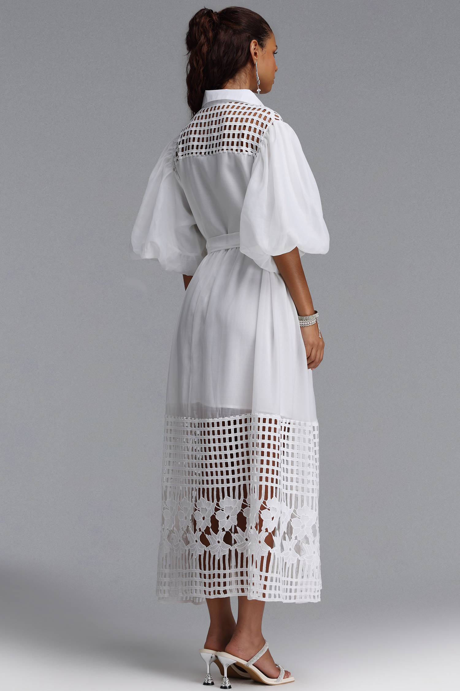 Delilah Resort Flowy Puff Sleeve Rhinestone Cut Out White Woven Maxi Dress