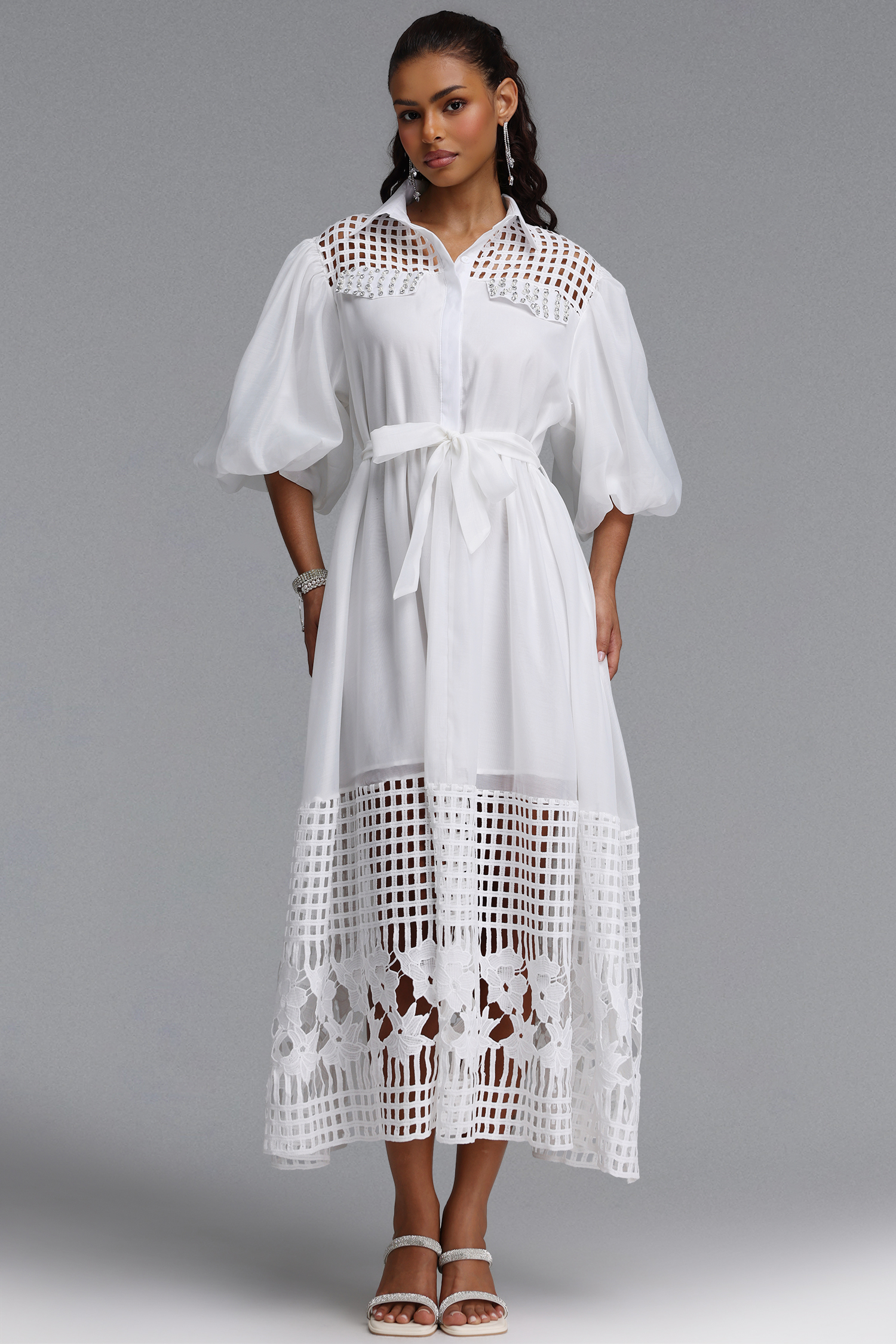 Delilah Resort Flowy Puff Sleeve Rhinestone Cut Out White Woven Maxi Dress
