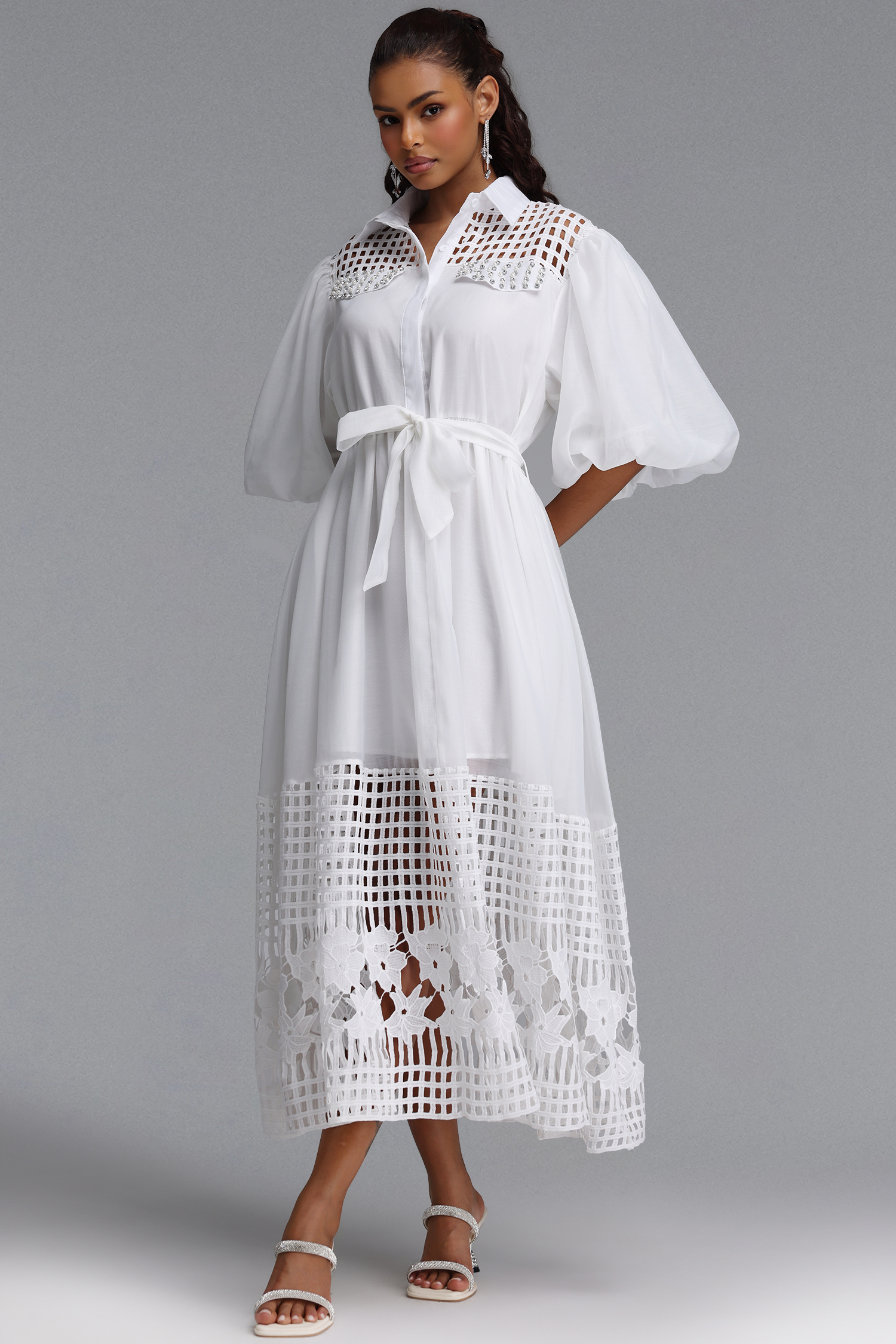 Delilah Resort Flowy Puff Sleeve Rhinestone Cut Out White Woven Maxi Dress
