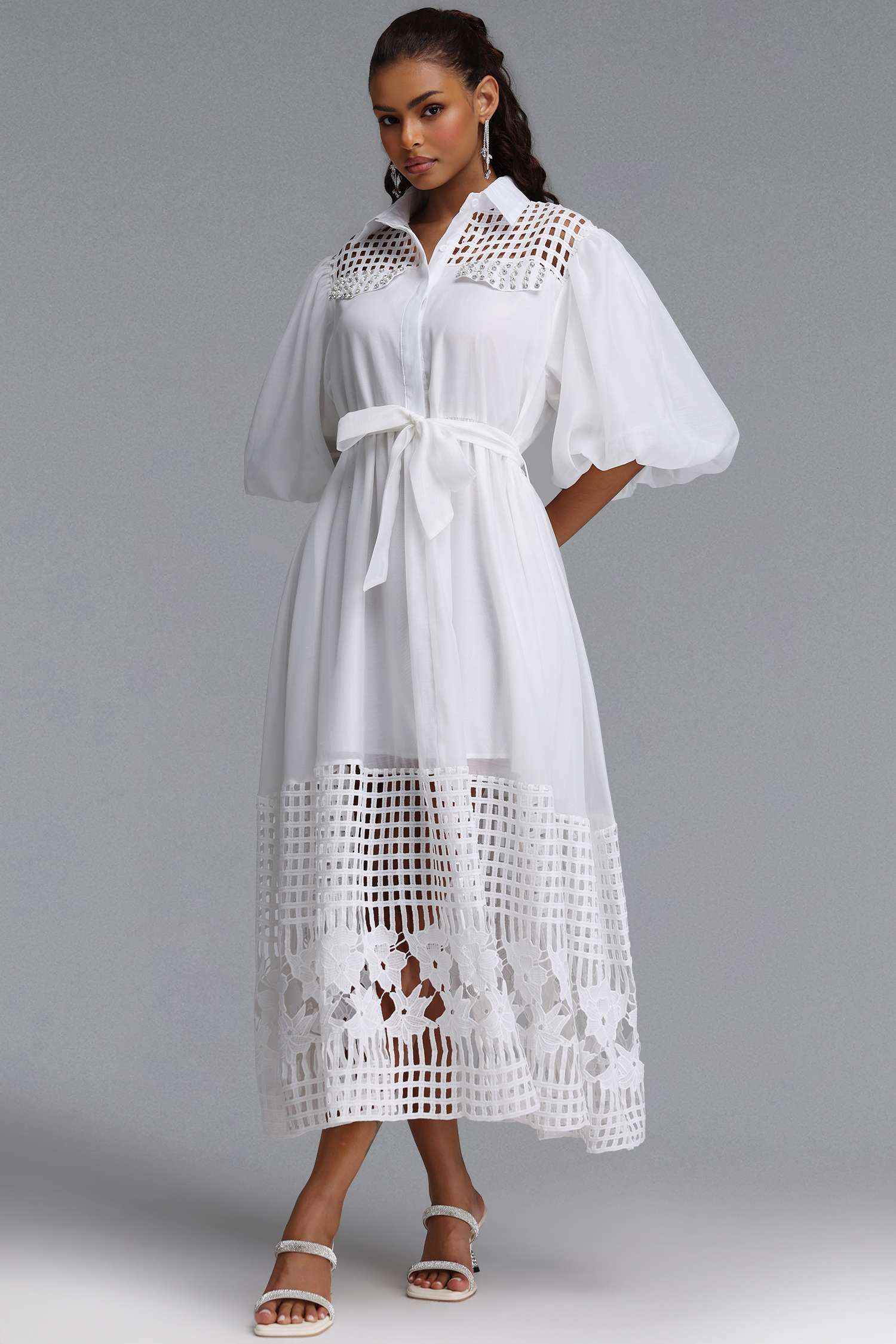 Delilah Resort Flowy Puff Sleeve Rhinestone Cut Out White Woven Maxi Dress