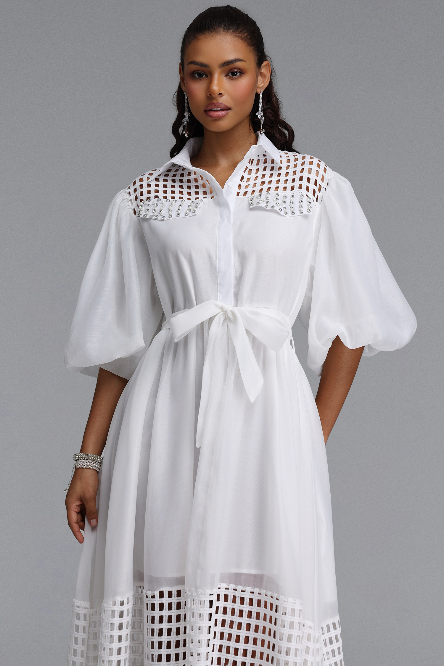 Delilah Resort Flowy Puff Sleeve Rhinestone Cut Out White Woven Maxi Dress