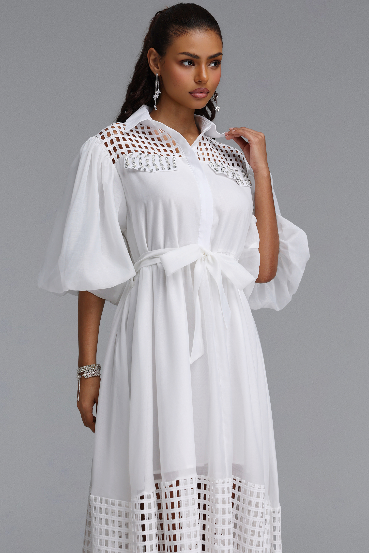 Delilah Resort Flowy Puff Sleeve Rhinestone Cut Out White Woven Maxi Dress