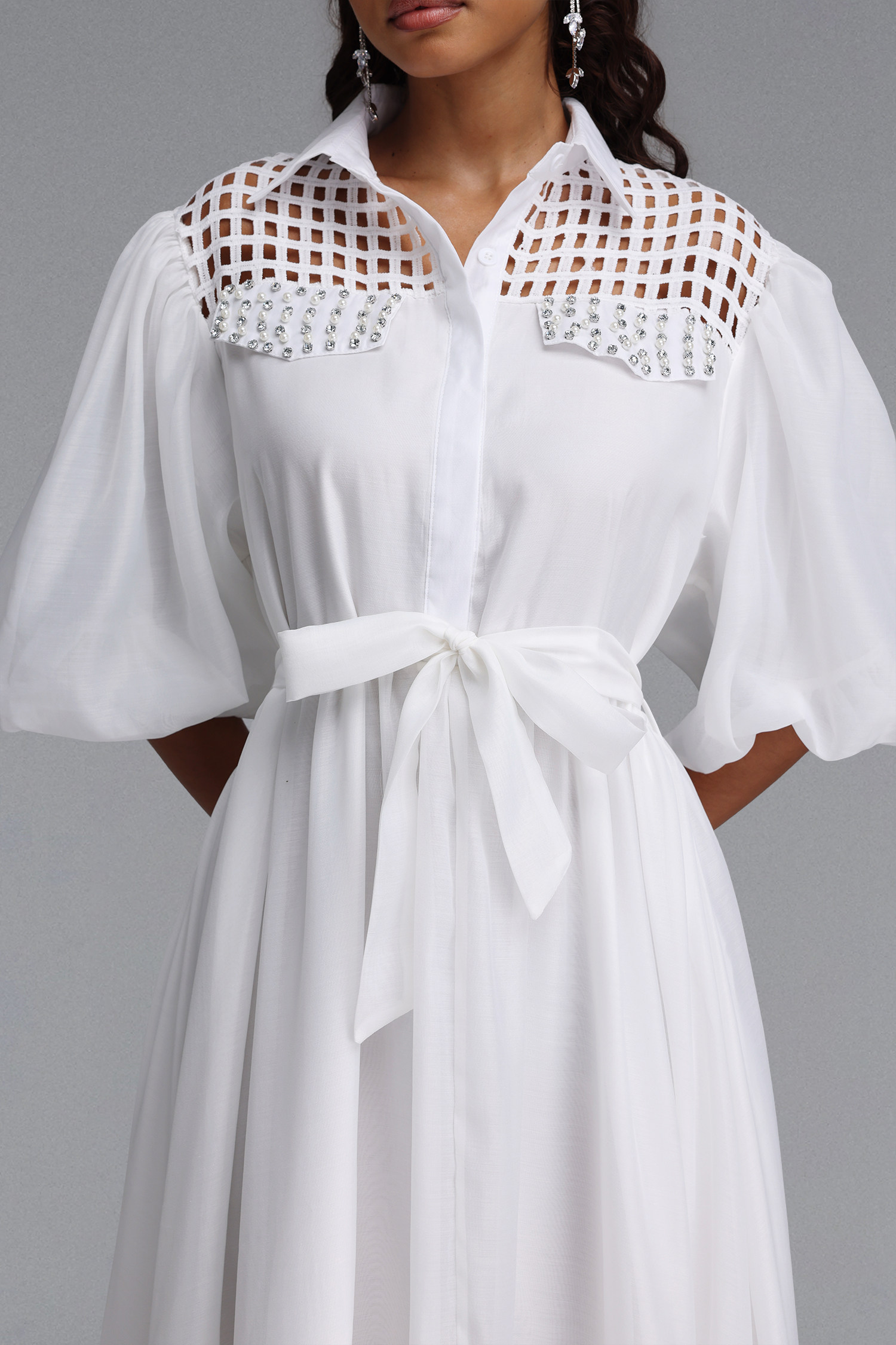 Delilah Resort Flowy Puff Sleeve Rhinestone Cut Out White Woven Maxi Dress