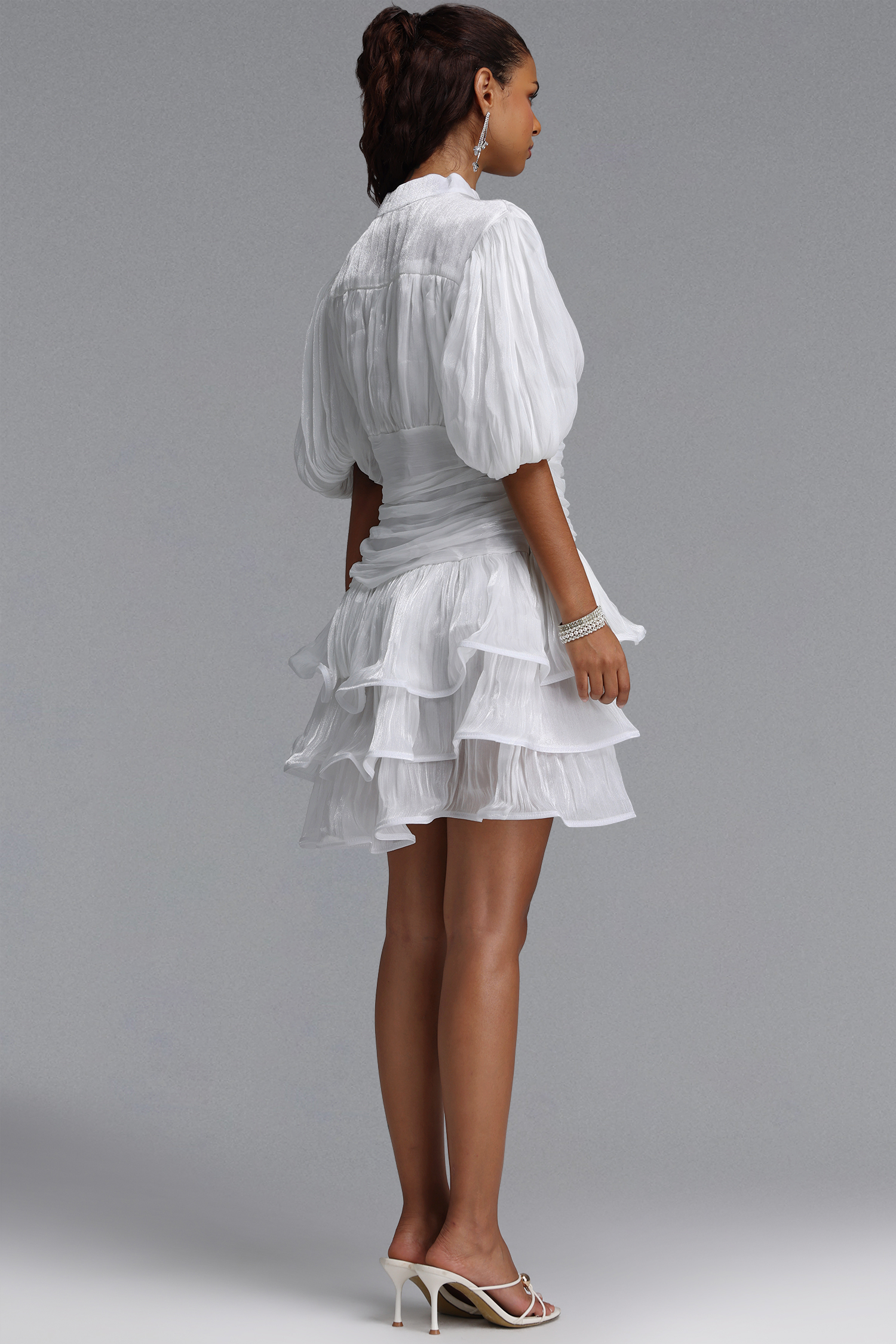 Fagra Resort Flowy Puff Sleeve Ruffle Shimmer Satin White Mini Dress
