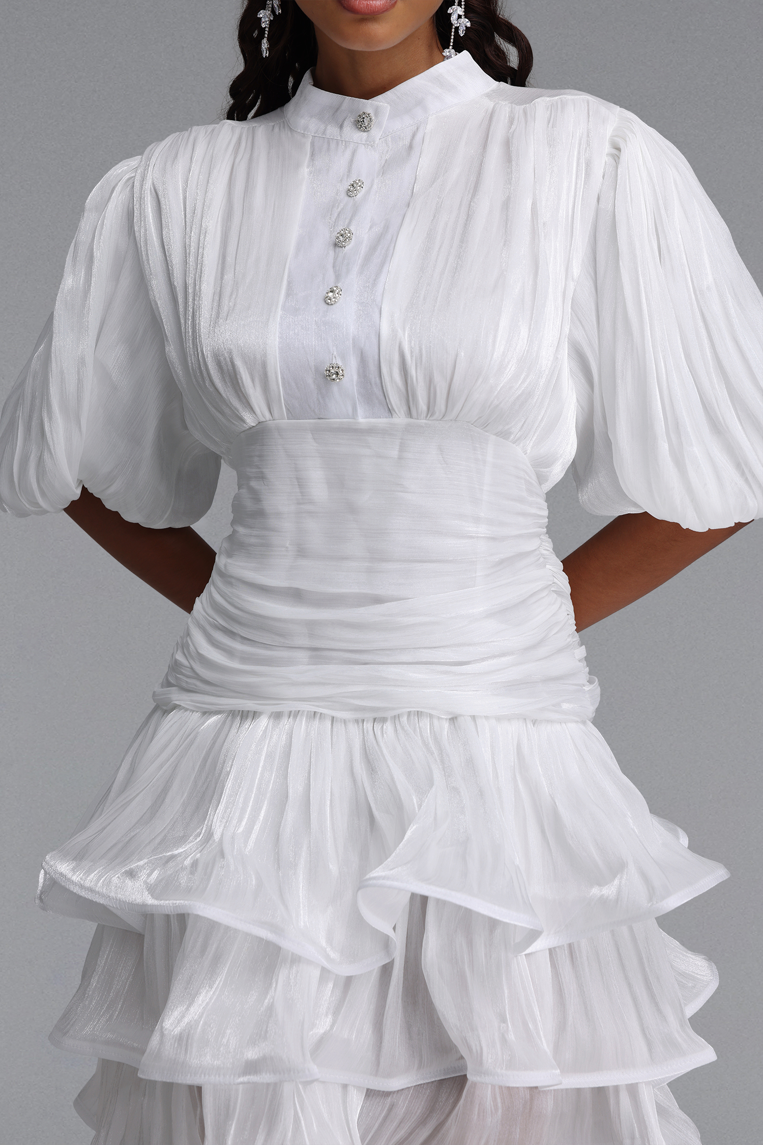 Fagra Resort Flowy Puff Sleeve Ruffle Shimmer Satin White Mini Dress