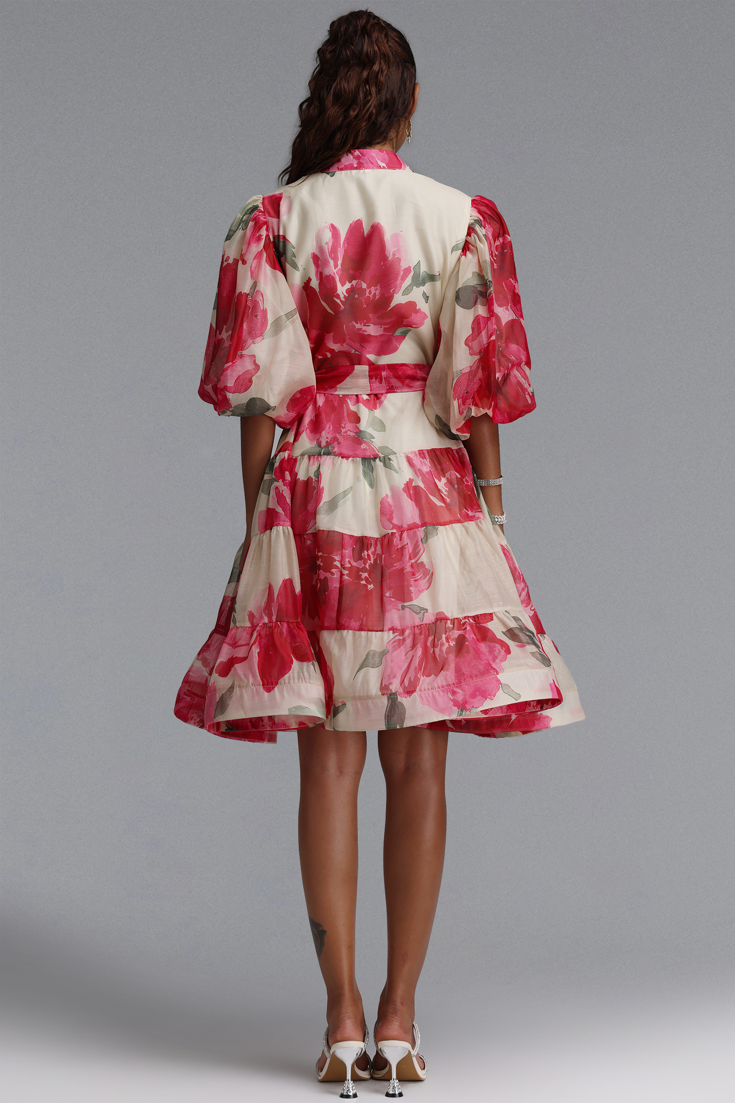 Samiya Romantic Flowy Puff Sleeve Rhinestone Floral Print Organza Mini Dress