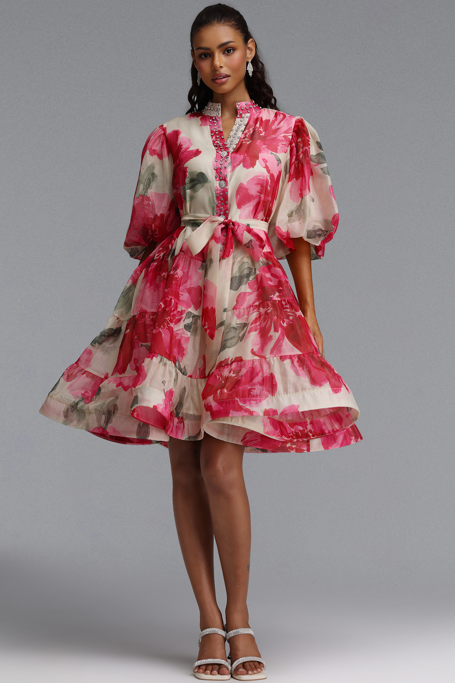 Samiya Romantic Flowy Puff Sleeve Rhinestone Floral Print Organza Mini Dress