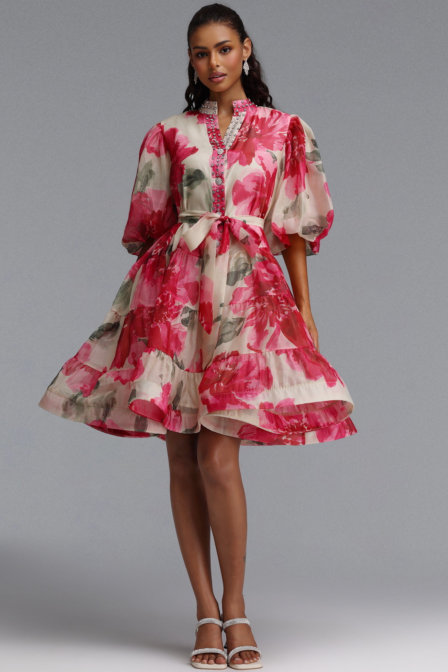 Samiya Romantic Flowy Puff Sleeve Rhinestone Floral Print Organza Mini Dress