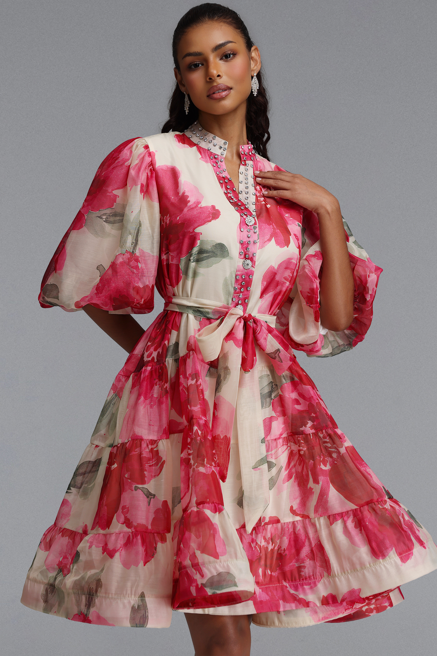 Samiya Romantic Flowy Puff Sleeve Rhinestone Floral Print Organza Mini Dress