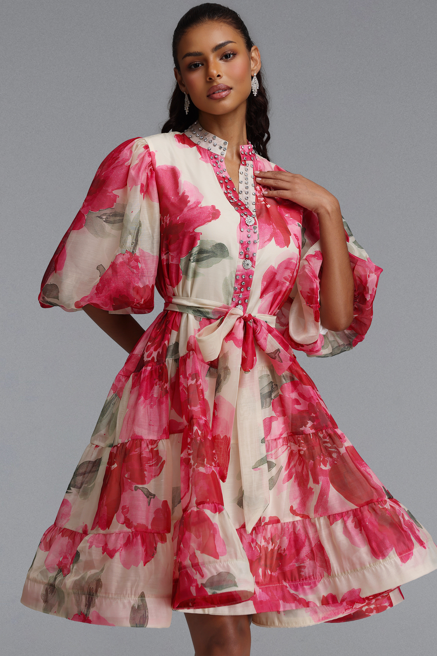 Samiya Romantic Flowy Puff Sleeve Rhinestone Floral Print Organza Mini Dress
