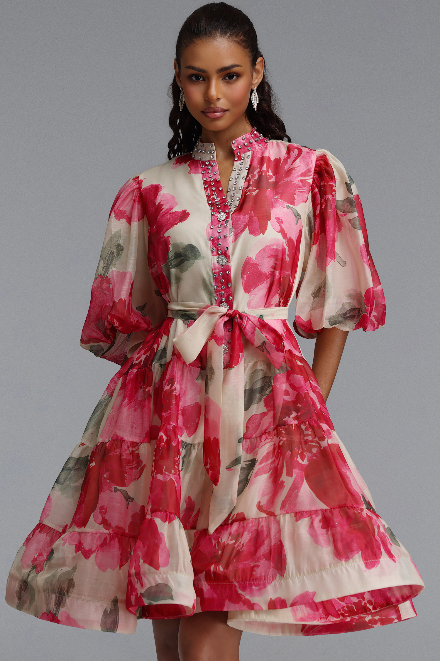 Samiya Romantic Flowy Puff Sleeve Rhinestone Floral Print Organza Mini Dress