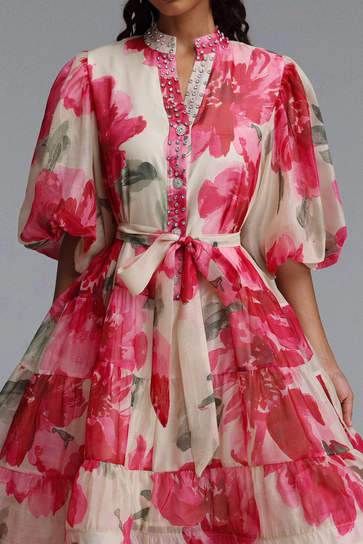 Samiya Romantic Flowy Puff Sleeve Rhinestone Floral Print Organza Mini Dress