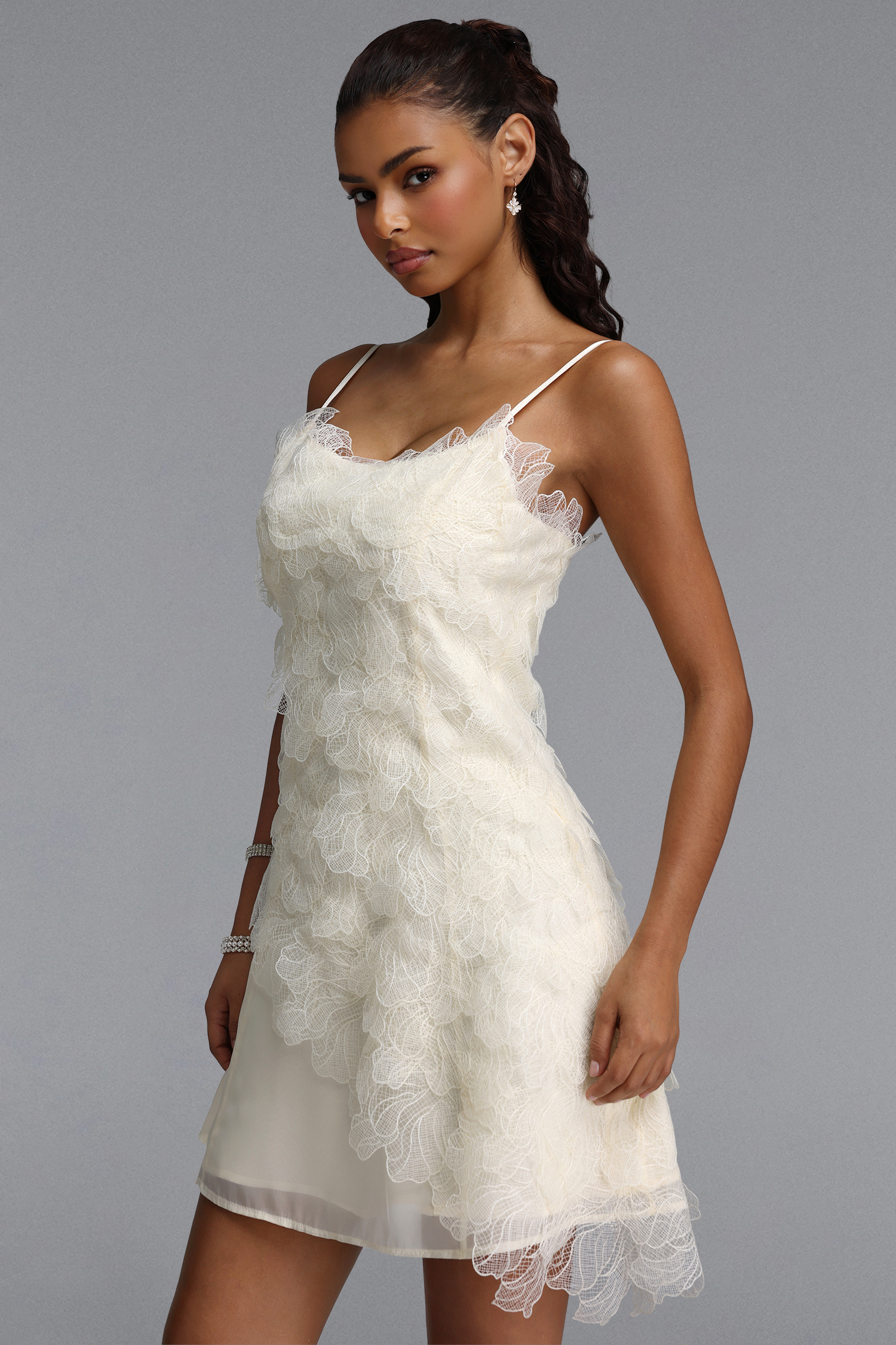 Vilina Romantic Tailored Spaghetti Strap Floral Woven Mini Dress