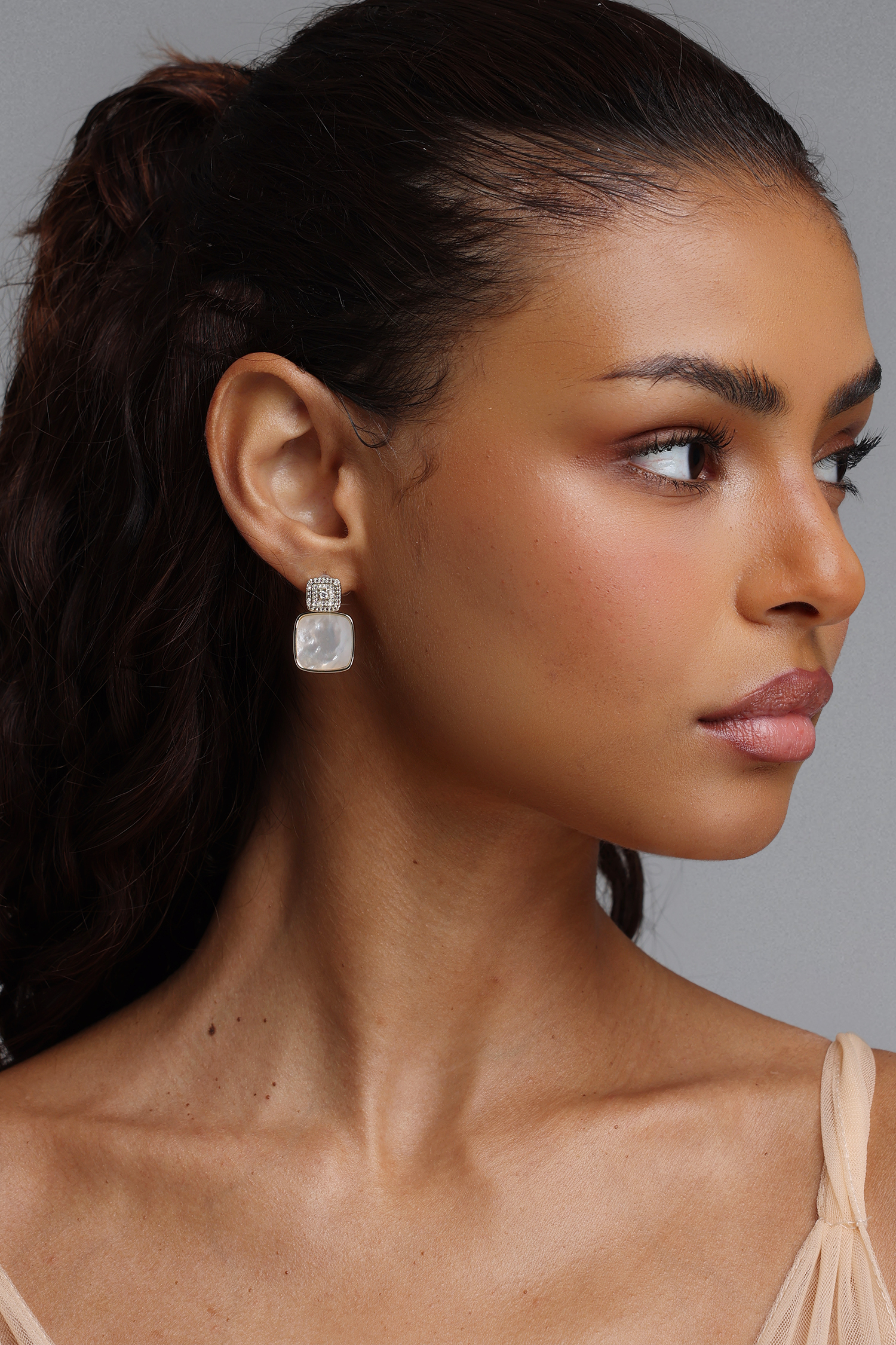 Sarly Double Layer Square Rhinestone Pearl Drop Earrings