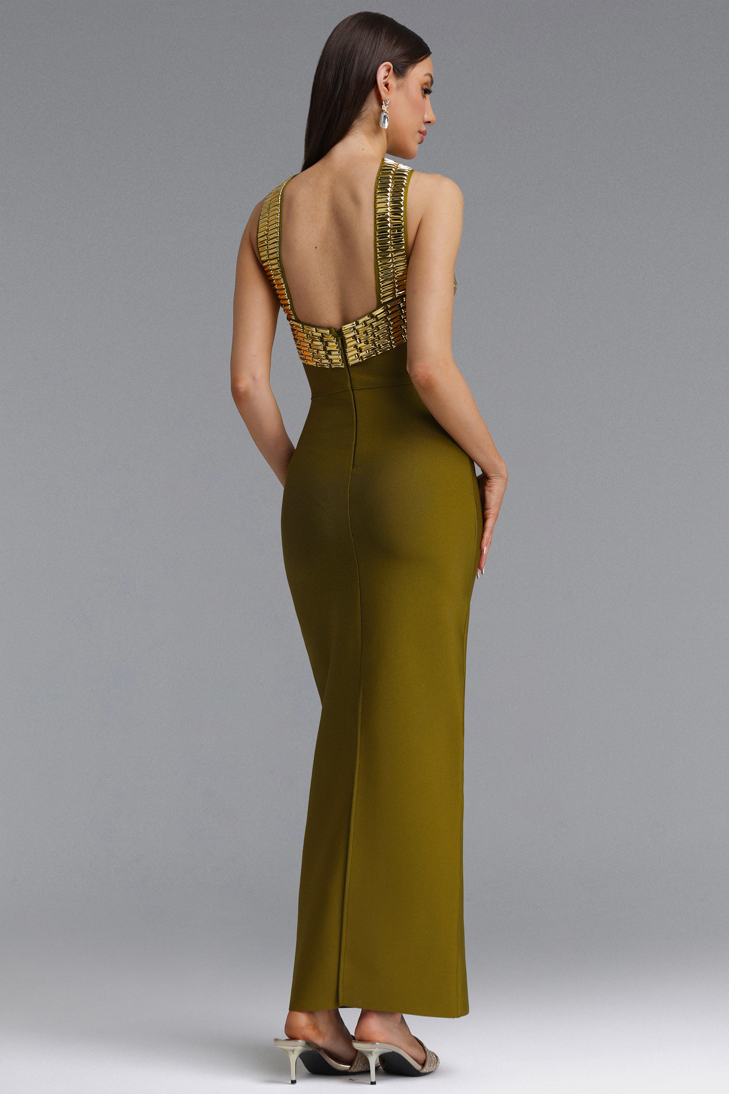 Riza Chic Contour Halter Rhinestone Green Bandage Maxi Dress