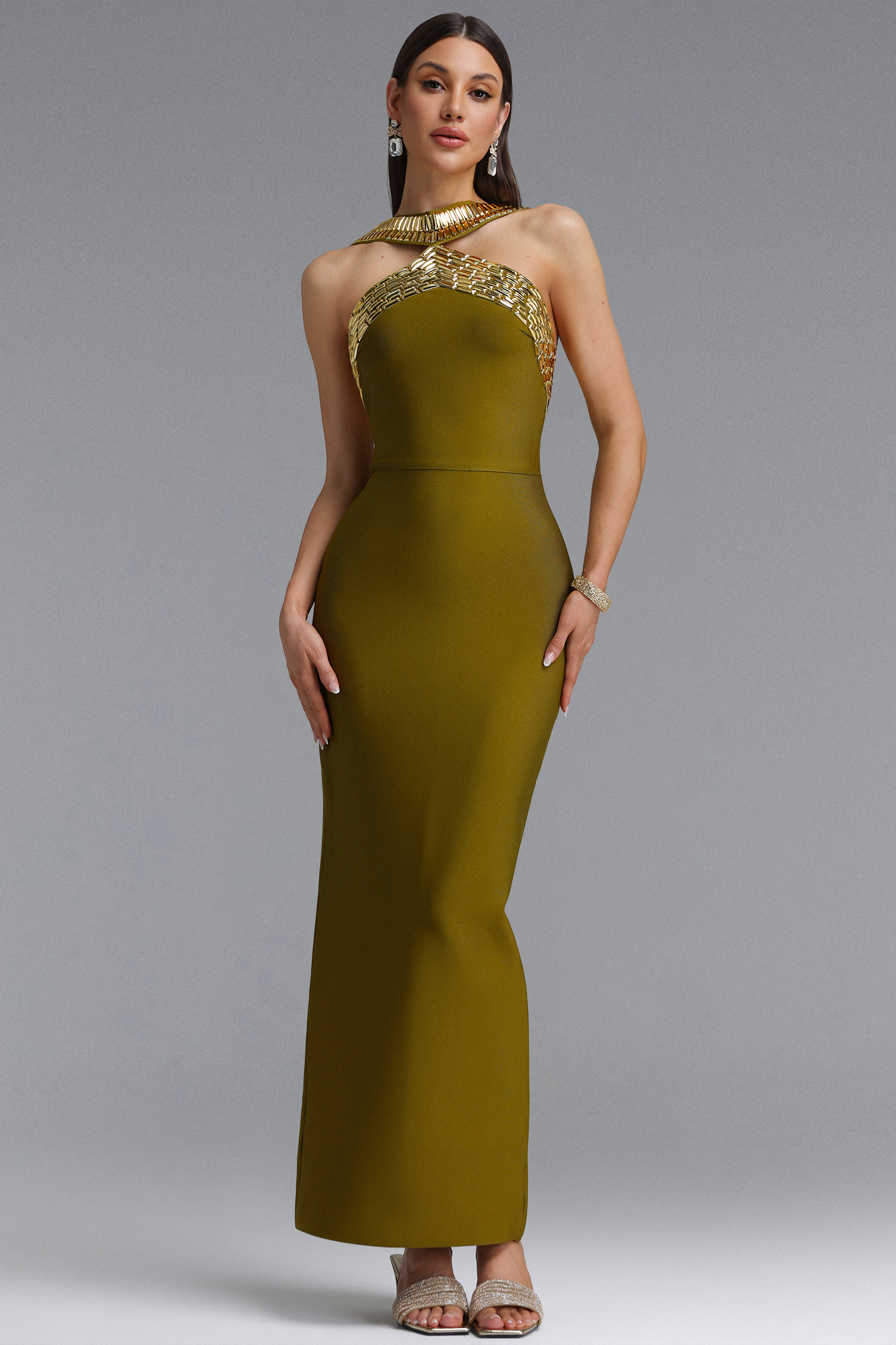 Riza Chic Contour Halter Rhinestone Green Bandage Maxi Dress