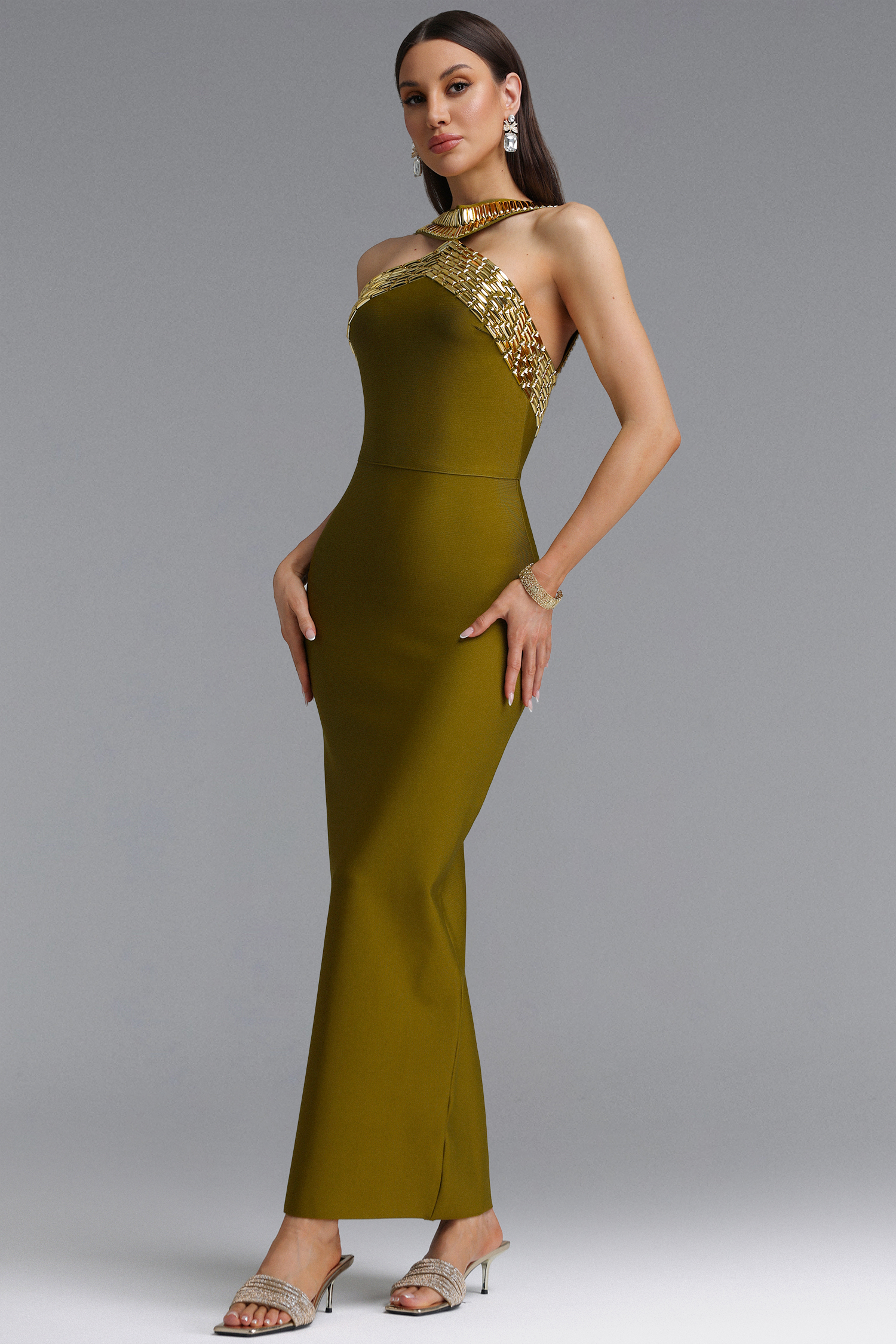 Riza Chic Contour Halter Rhinestone Green Bandage Maxi Dress