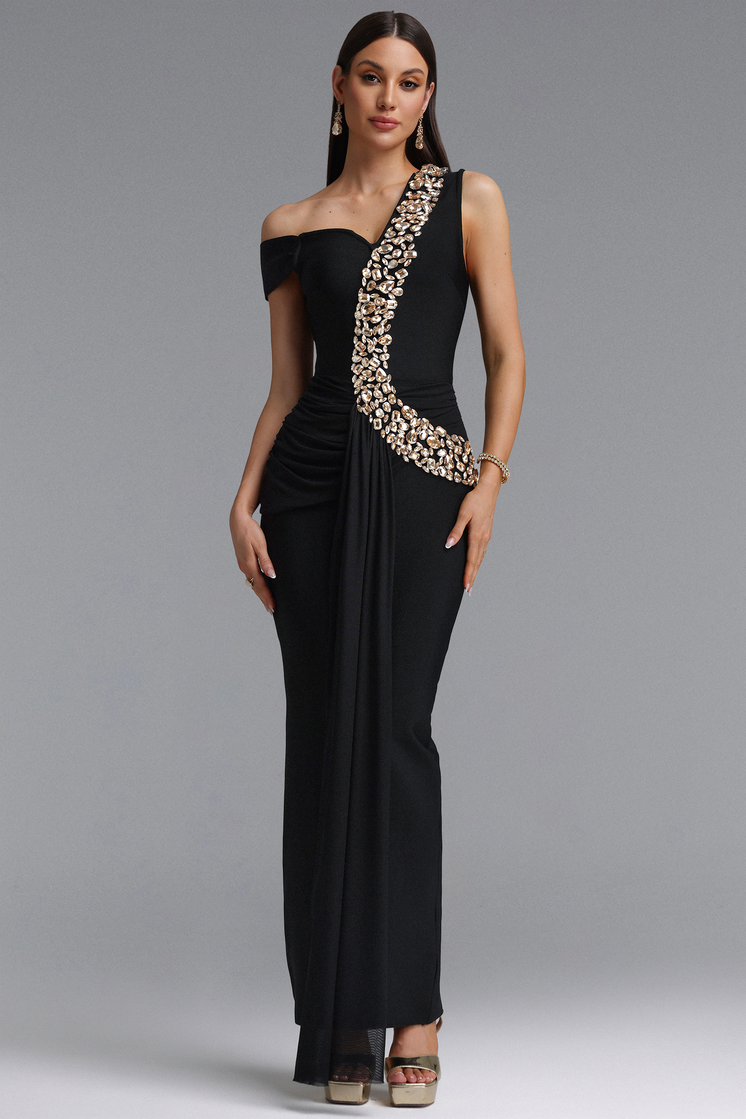 Nevaeh Elegant Contour Rhinestone Draped Ruched Bandage Maxi Dress