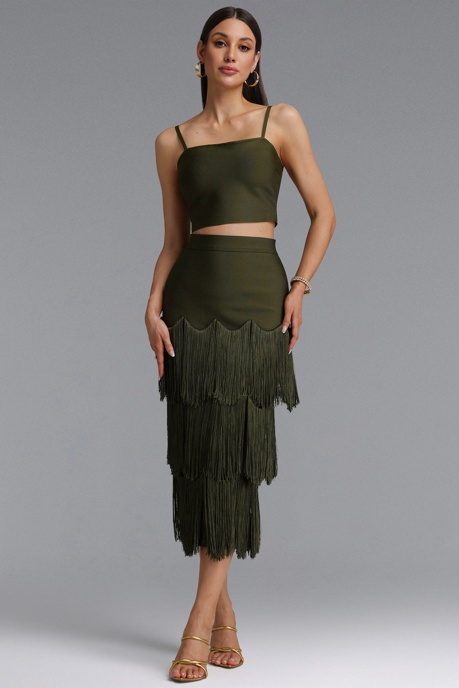 Valerie Stylish Contour Camisole Top Tassel Bandage Maxi Dress Two Piece Set