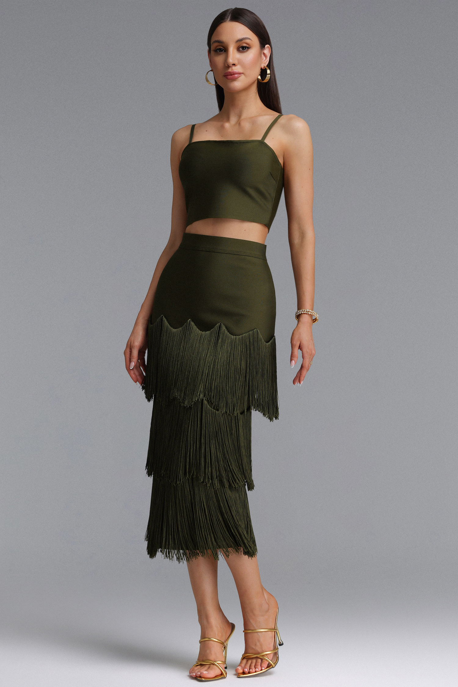 Valerie Stylish Contour Camisole Top Tassel Bandage Maxi Dress Two Piece Set