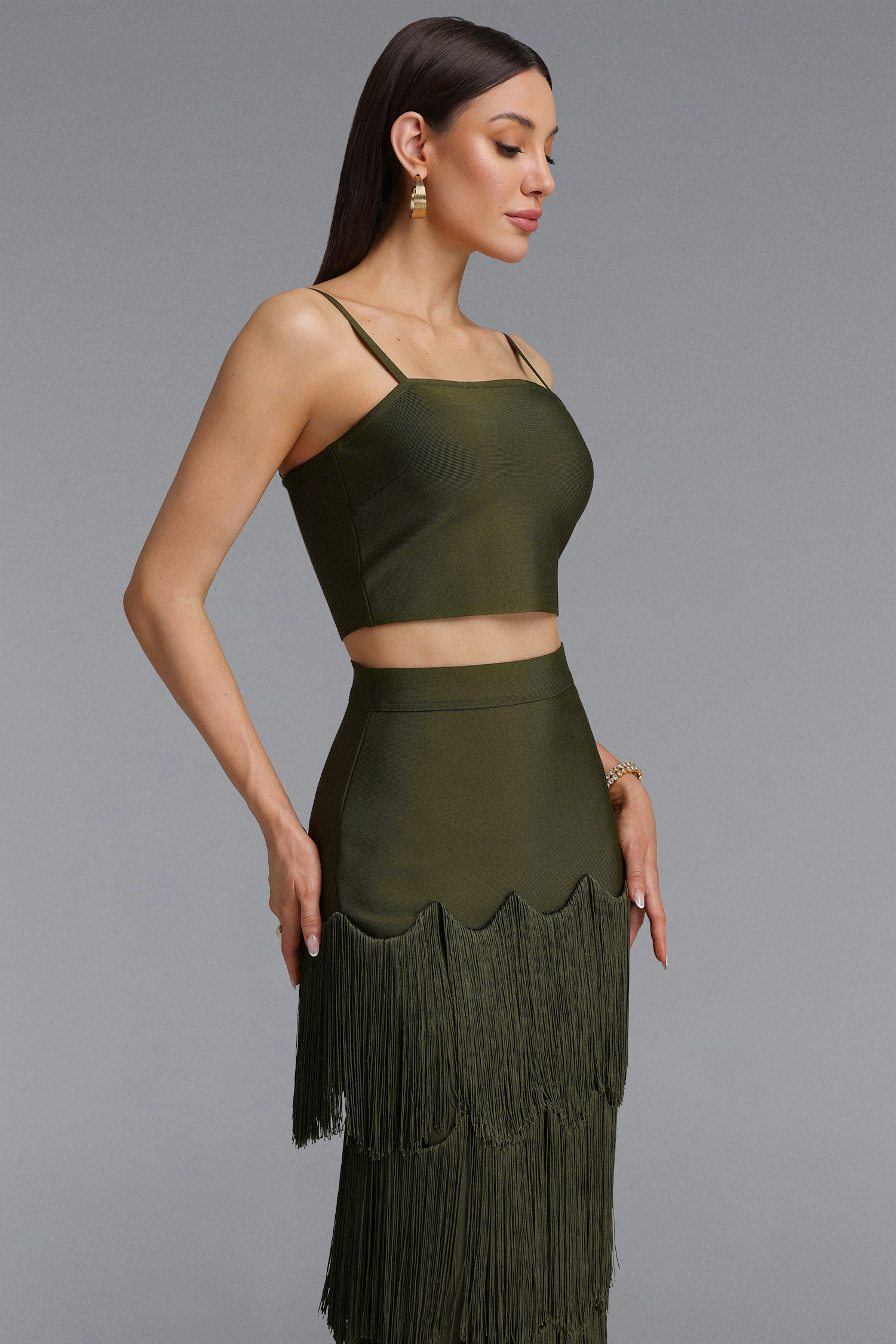 Valerie Stylish Contour Camisole Top Tassel Bandage Maxi Dress Two Piece Set