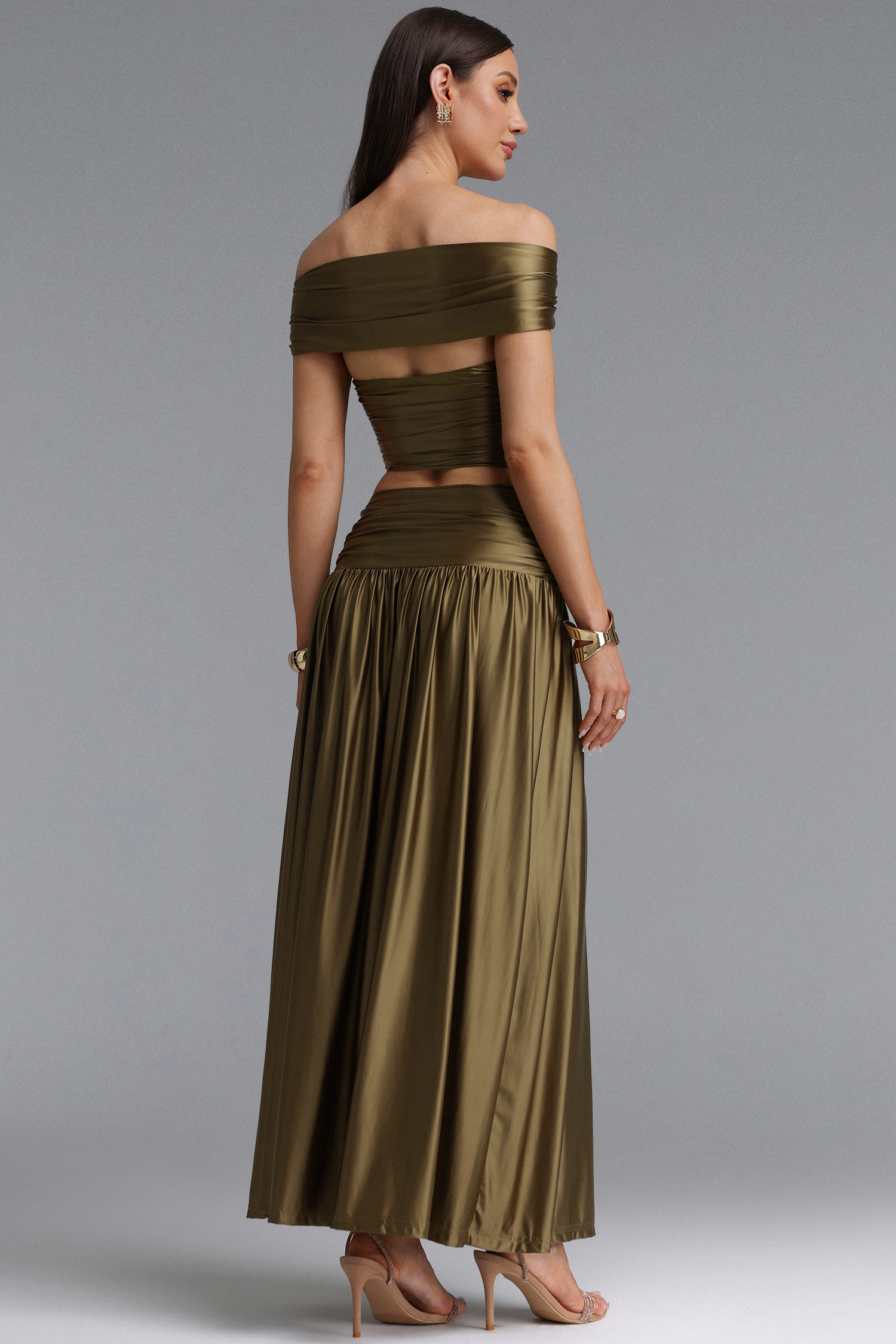 Elaina Sexy Contour Metallic Decor Off Shoulder Top Draped Ruched Midi Skirt Two Piece Set