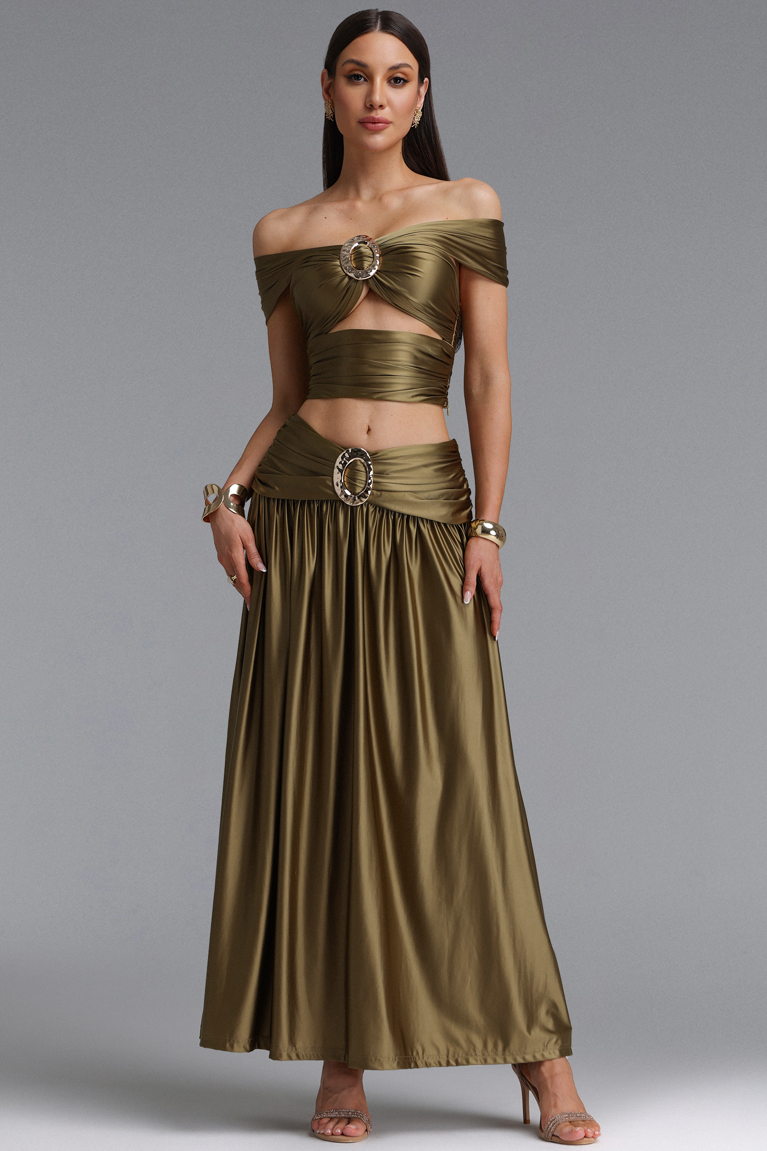 Elaina Sexy Contour Metallic Decor Off Shoulder Top Draped Ruched Midi Skirt Two Piece Set