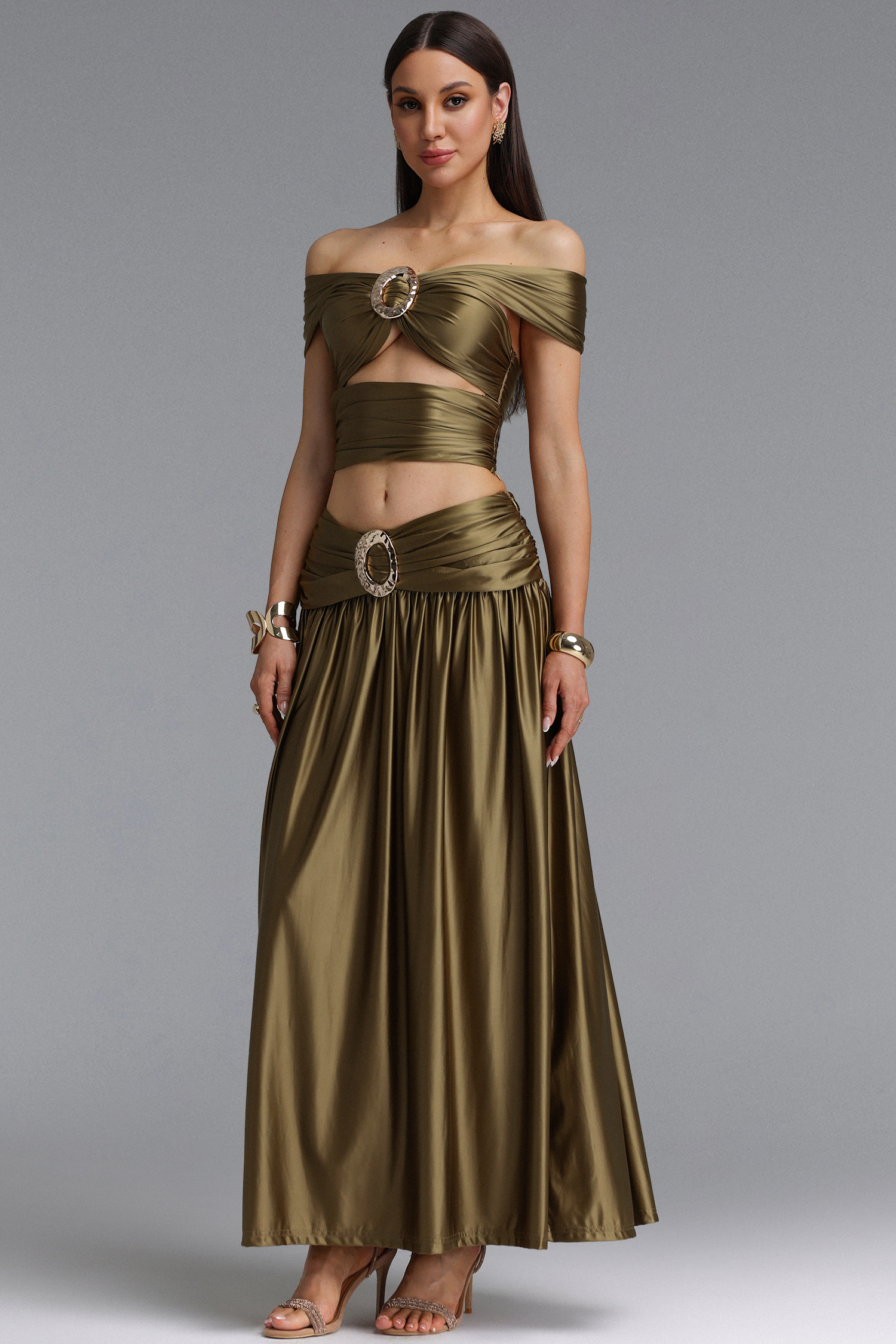 Elaina Sexy Contour Metallic Decor Off Shoulder Top Draped Ruched Midi Skirt Two Piece Set